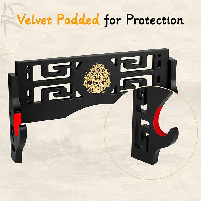 Sword Display Katana Wall Mount, Samurai Sword Katana Holder Stand with Velvet Padded Hook & Dragon Pattern, Sword Rack for Lightsaber Wakizashi Samurai- 1 Tier
