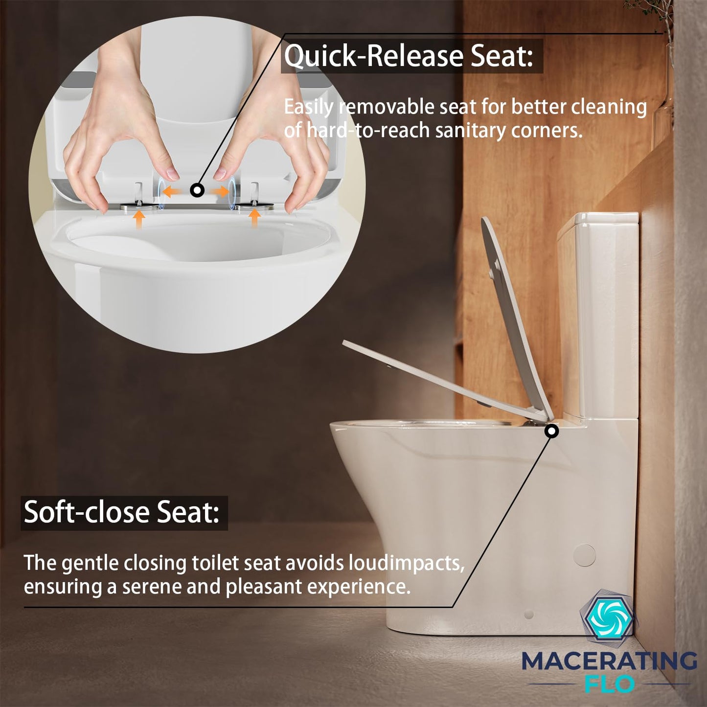 ARES 18" Tall Rear Outlet Toilet, Two-Piece Toilet with Comfort Seat & Dual Flush Water Tank, Powerful Rimless Flush with P-Trap Rear Discharge, Includes Two Types of Extension Pipes