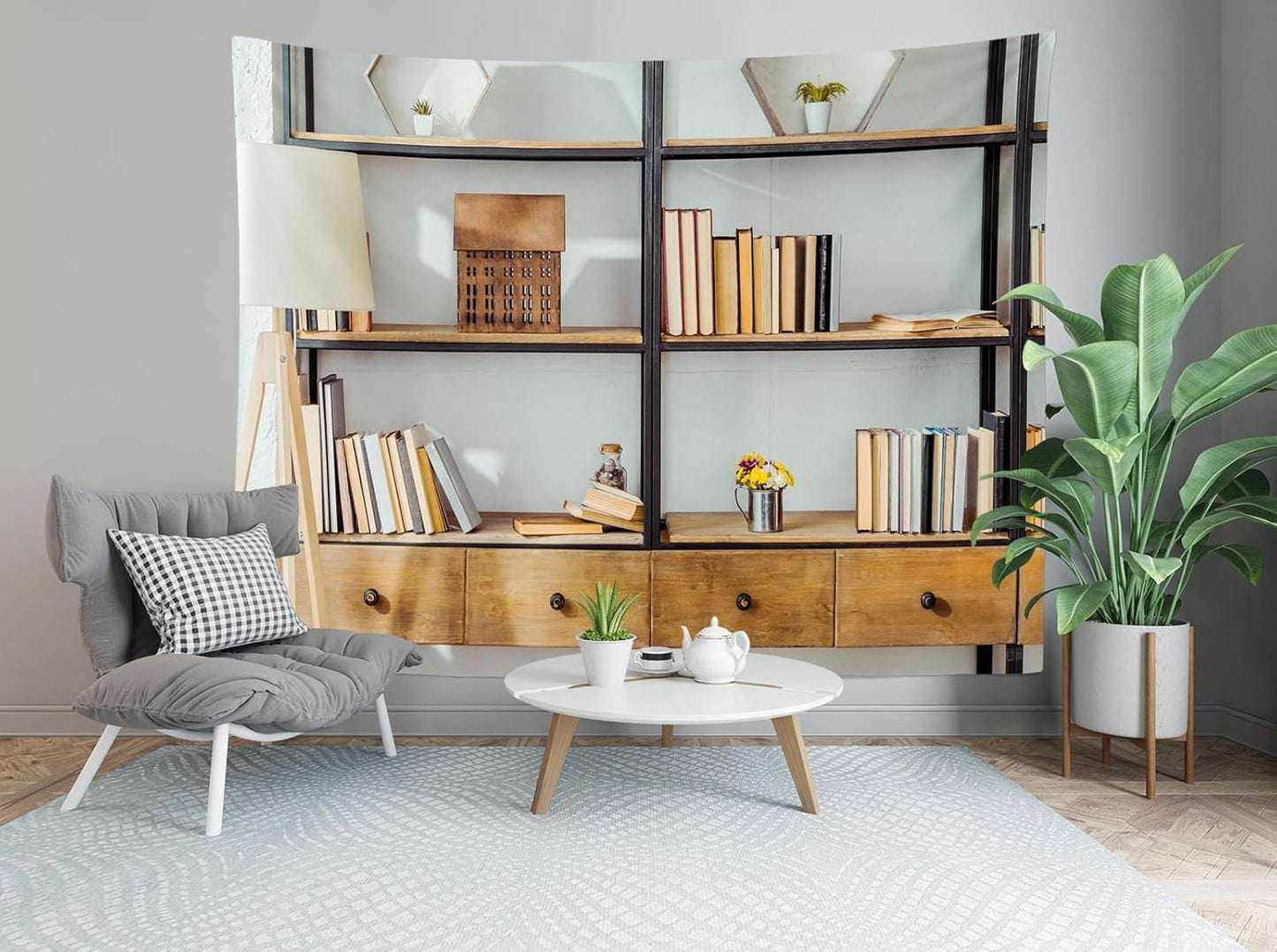 BELECO 8x6ft Fabric Living Room Bookshelf Backdrop Empty Room with Bookcase, Zoom Calls Video Recording Background Home