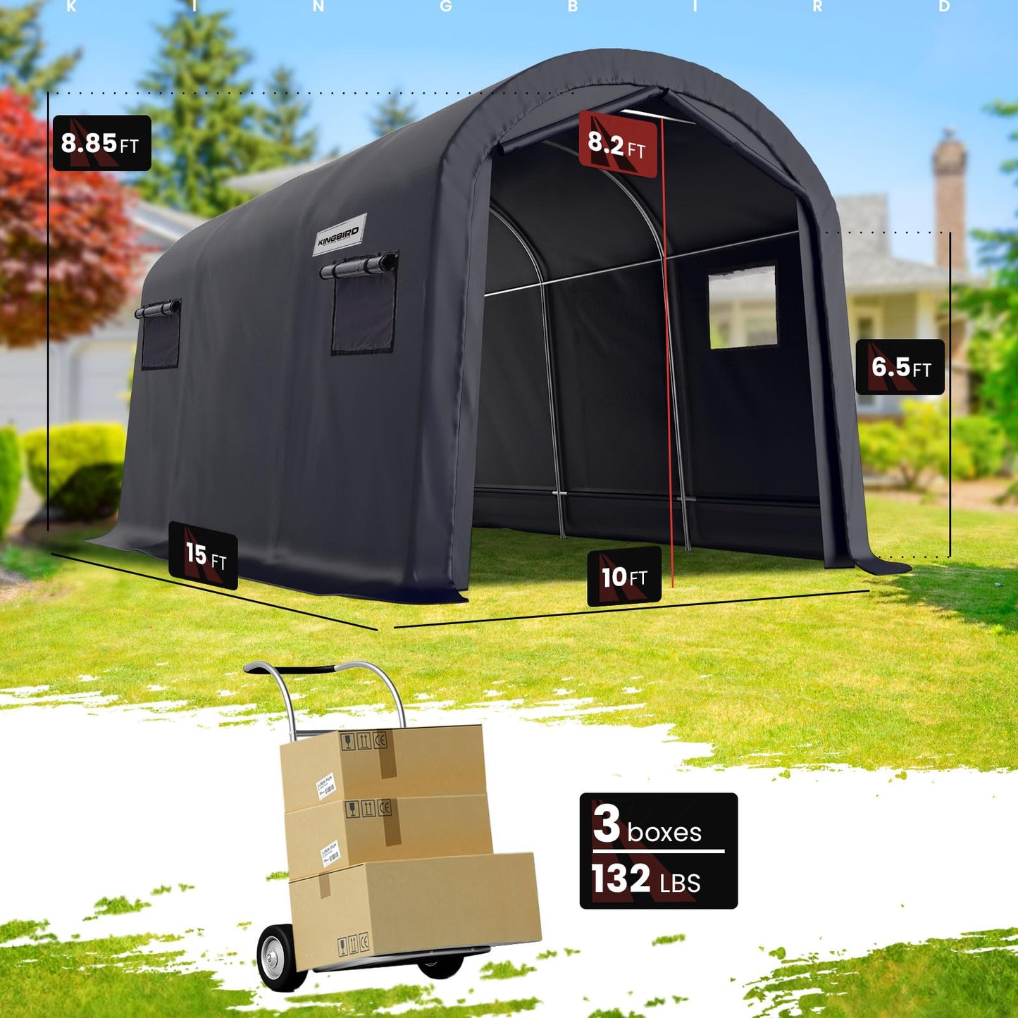 KING BIRD 10' x 15' Round Style Garage Carport Shelter Heavy Duty Storage Shelter Portable Canopy Shed with Roll-up Ventilated Windows for Boat, Patio Furniture and Lawn Mower-Dark Gray