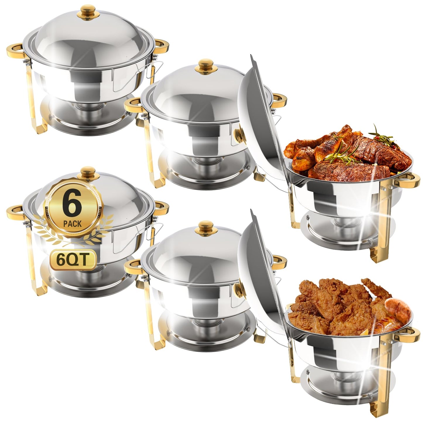 Beviliu 6QT Chafing Dishes for Buffet, 6 Pack 6QT Round Stainless Steel Chafing Dish Set for Home Parties, Christmas Gatherings, Food Warmers for Parties Buffet, Catering Supplies Buffet Display