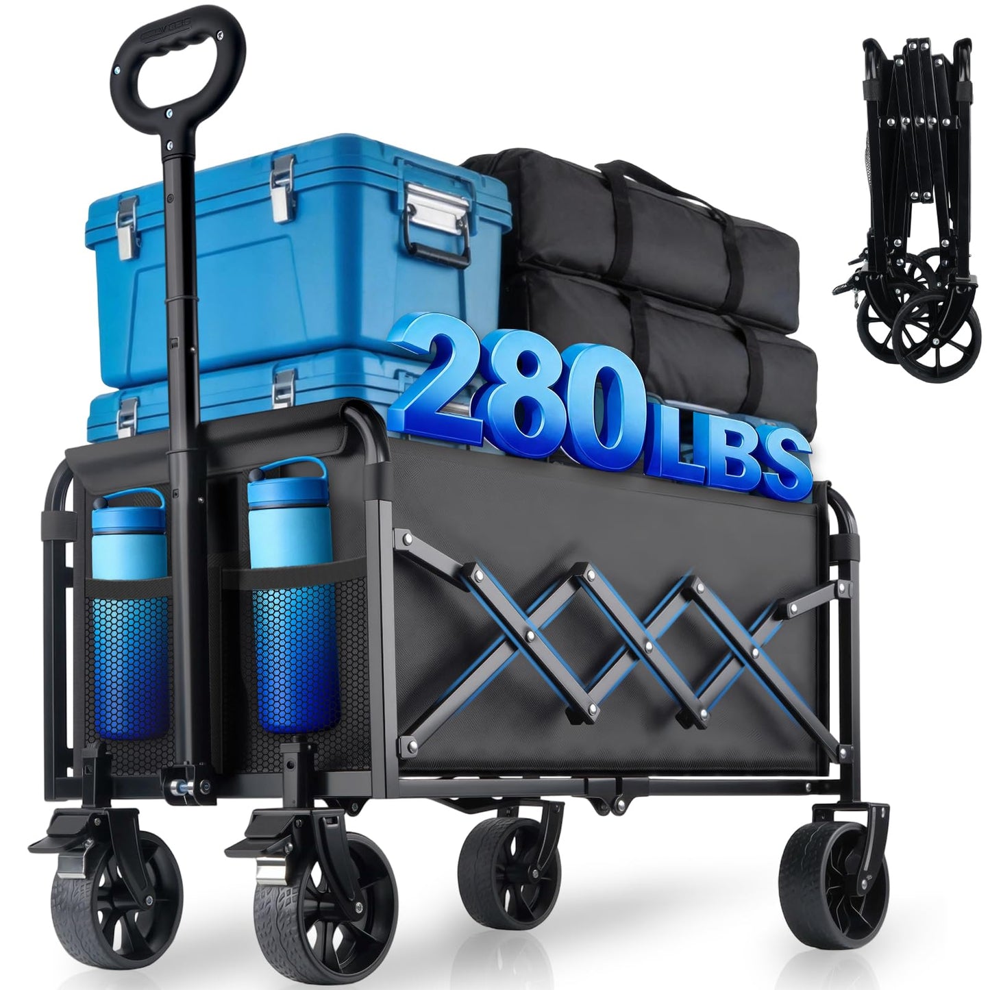 Collapsible Wagon Cart Foldable with Wheels - 360LBS Large Heavy Duty Folding Utility Wagon with All-Terrain Wheels & Brakes for Shopping Garden Beach Camping, 2 Drink Holders/Lightweight/Black