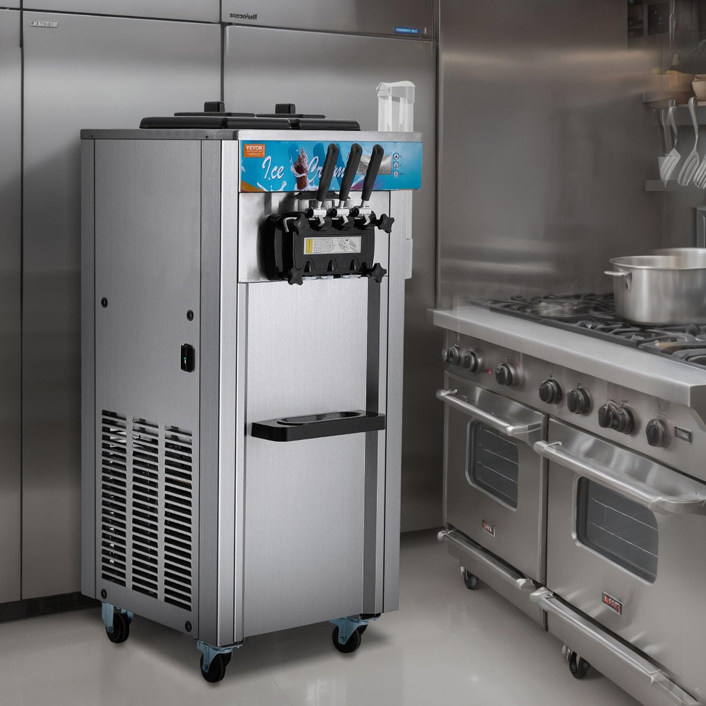VEVOR Commercial Ice Cream Machine, 21-31 L/H Yield, 1800W 3-Flavor Freestanding Soft Serve Ice Cream Maker, 2 x 5.5L Stainless Steel Cylinder, LED Panel Auto Clean Pre-cooling, for Restaurant Bars