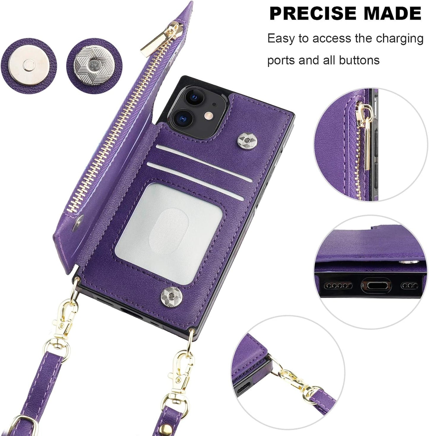Bocasal 12/12 6.1 Inch(Purple) Crossbody Wallet Case for iPhone Pro with Card Holder,Zipper Card Slot Protector