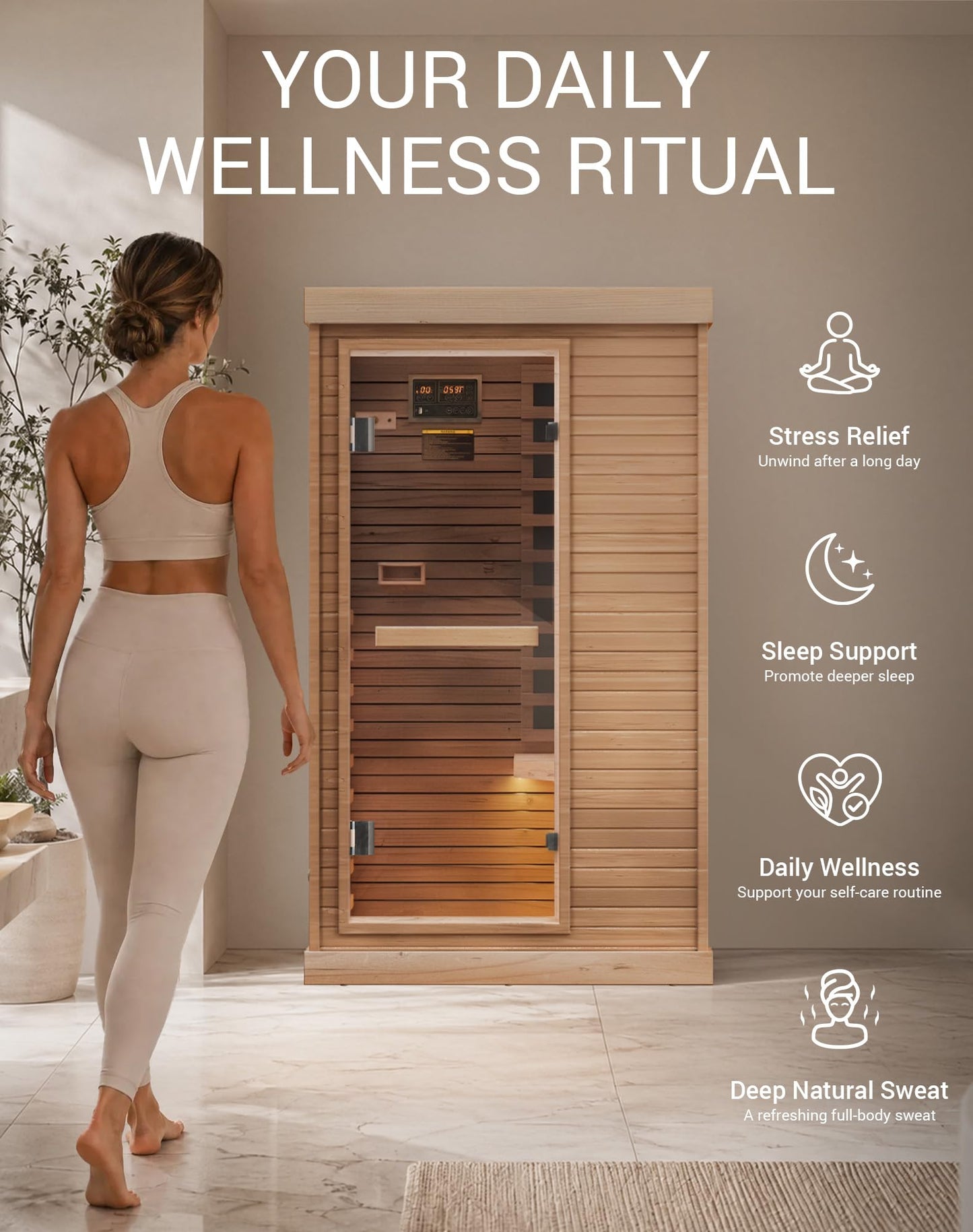 Mikolo 1 Person Far Infrared Sauna for Home | Ultra-Low EMF Indoor Dry Sauna | Solid Canadian Hemlock with 5 Carbon Heaters | Chromotherapy Light Therapy & Bluetooth for Wellness and Relaxation