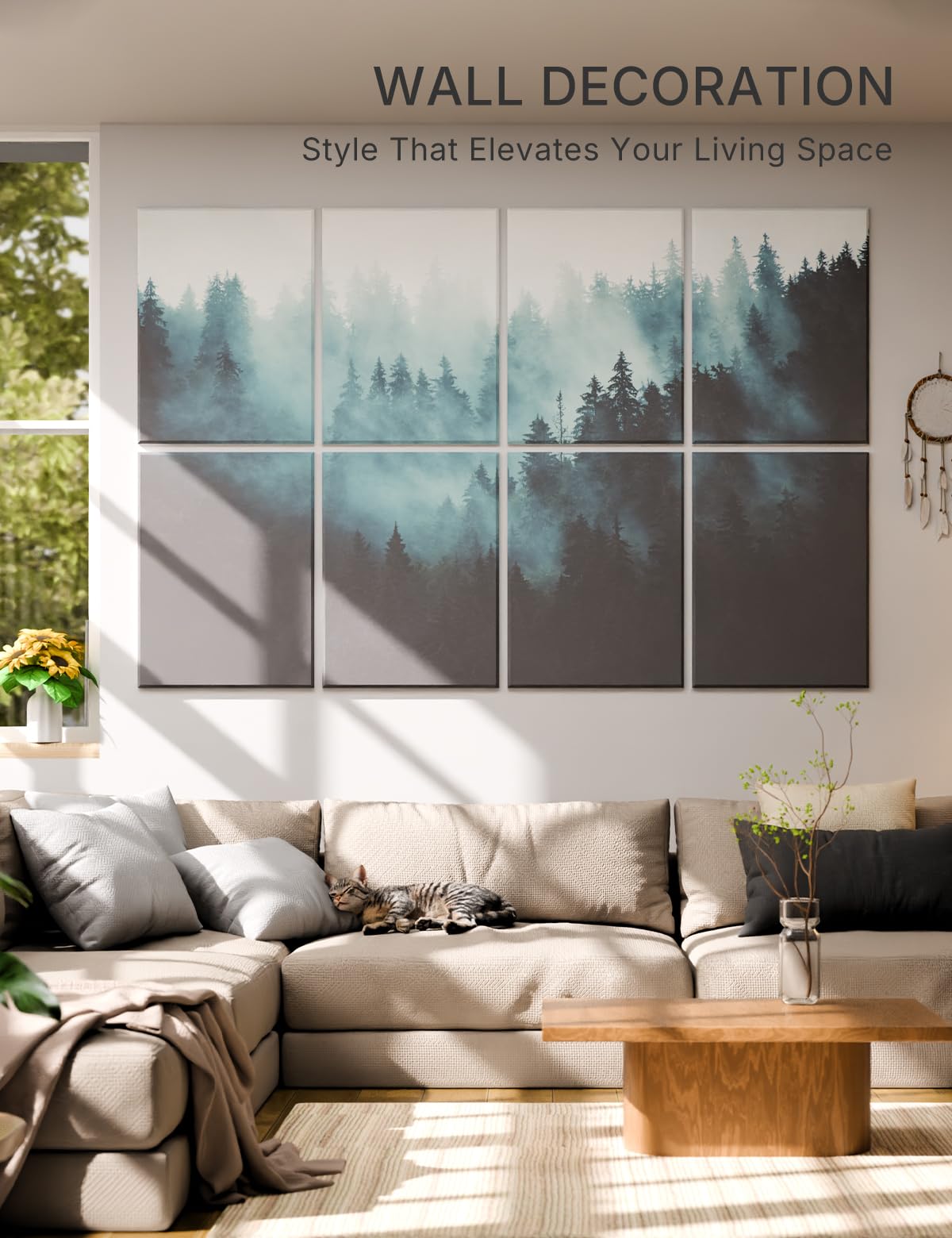 Wall Art Acoustic Panels,70''×47''Sound Absorbing Panels-8-Pack with 60 Adhesive Tabs, Panels for Living Room and Recording Studio, Offices-Foggy Nature Forest