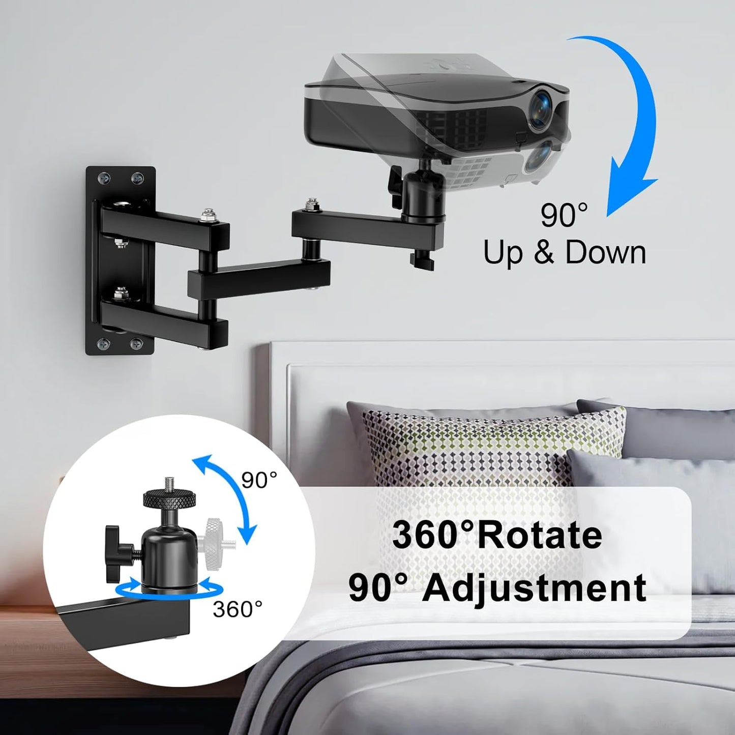JUBOR 360 3-Sections 1/4" 14.7" Projector Wall Mount, Rotation Wall Mount for Projector Webcams with Ball Head