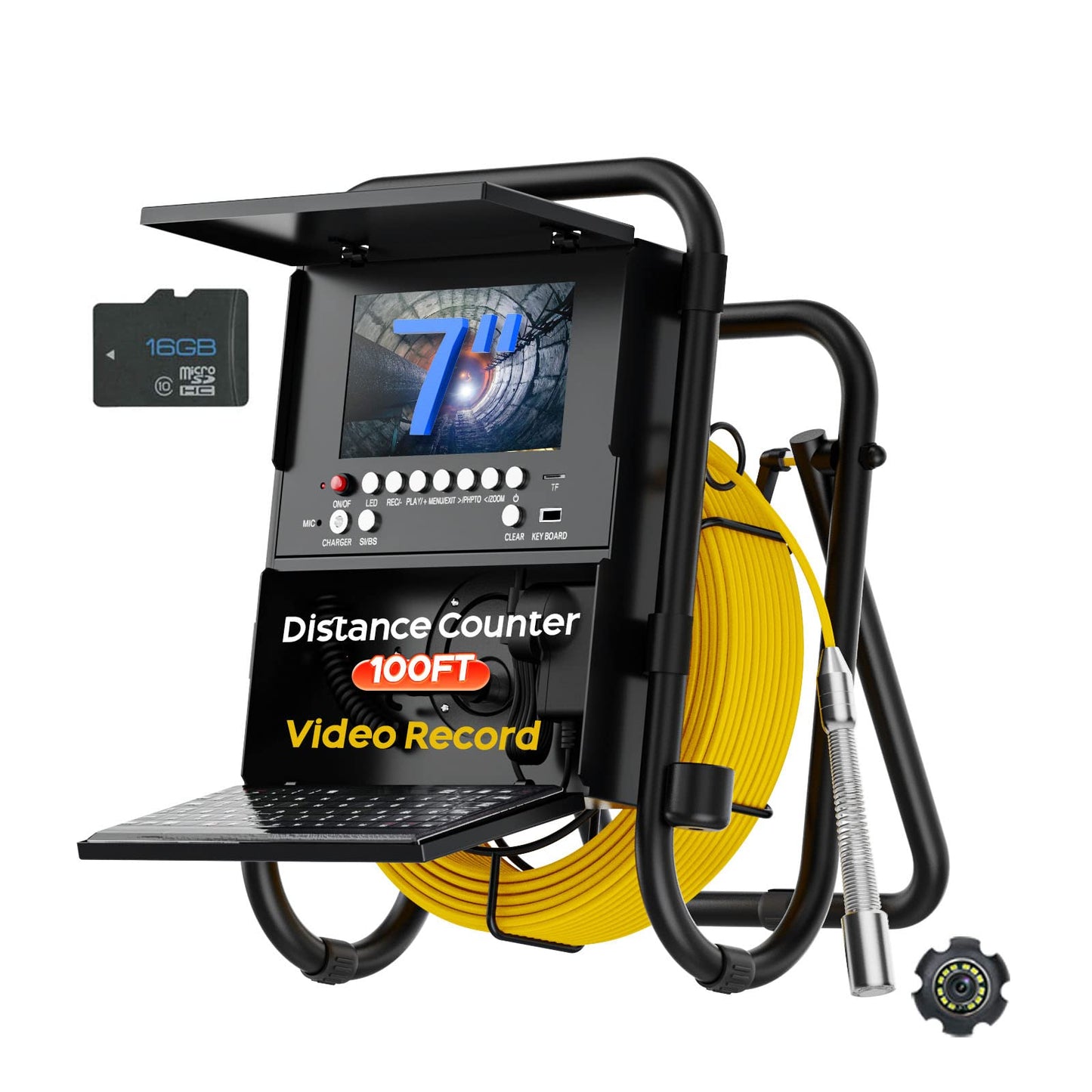Sewer Camera 100ft Sewer Inspection Camera with Distance Counter and Keyboard 7" Screen IP68 Waterproof Industrial Endoscope Snake Camera 17MM Drain Pipe Inspection Camera