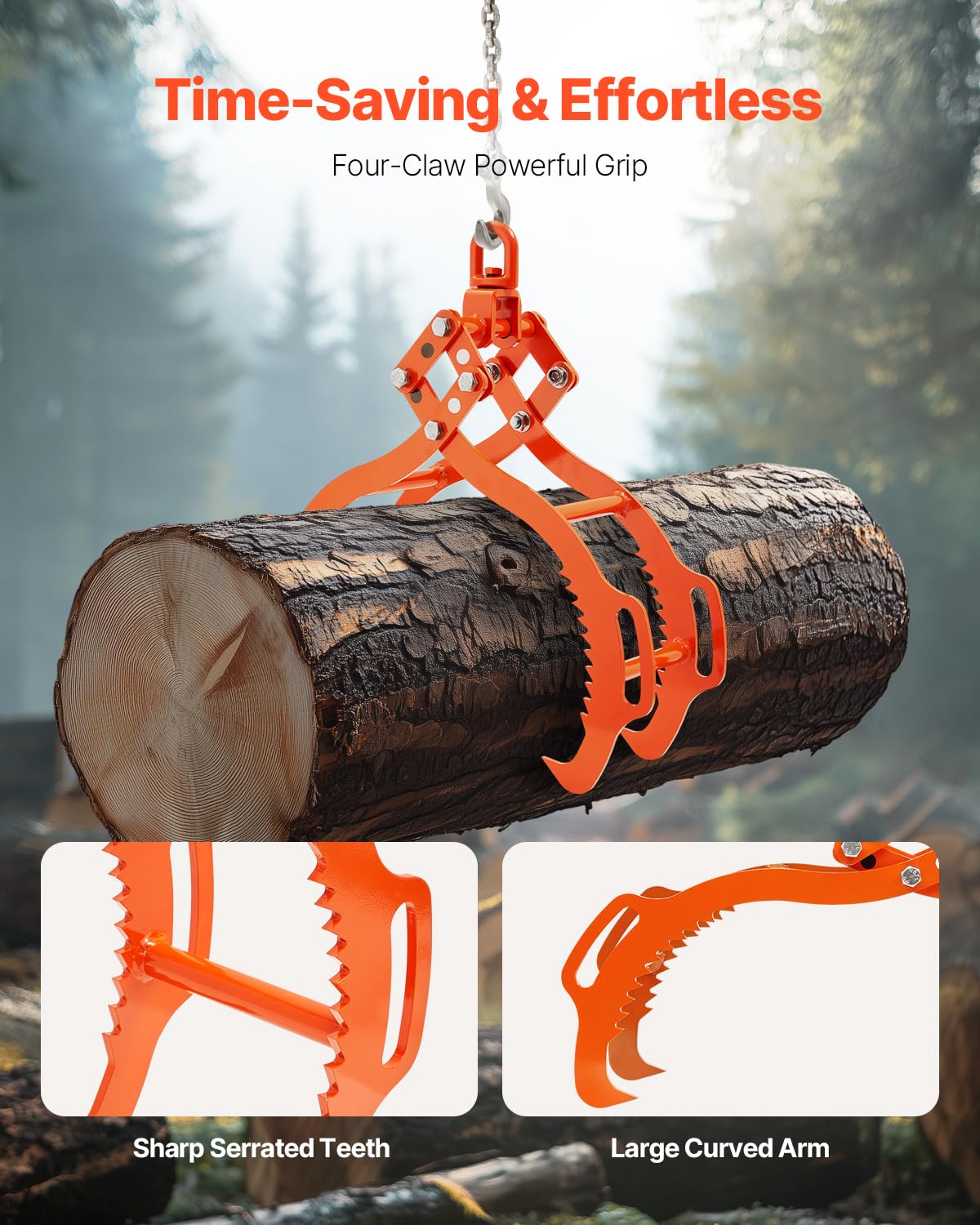 VEVOR Log Lifting Tongs 36in, 4 Serrated Claw Hook Log Tongs, Heavy Duty Steel Swivel Dragging Tongs, 3300LBS Log Grapple with Handles, Lumber Log Skidding Tongs for Tractors, Trucks, Forklifts, ATVs