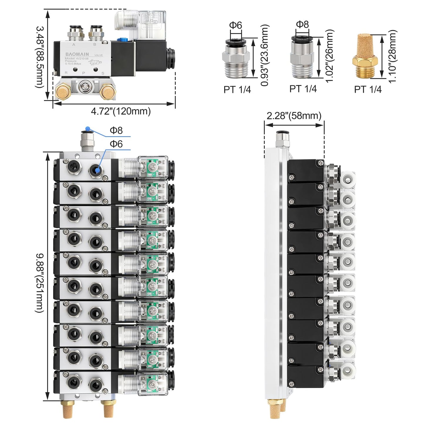 Baomain 10 Station Solenoid Valve Manifold, 110V AC 5 Way 2 Position Pneumatic Air Valve, Ten Solenoid, 1/4" PT Port, Includes Manifold Base & Mufflers, 4V210-08