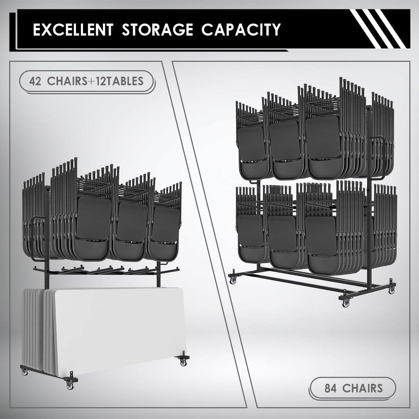 Folding Table And Chair Cart,Two Tier Folding Chair And Table Storage Rack With 800LBS Capacity For 84 Folding Chairs Heavy Metal Folding Chair Holder Rack with Rubber Locking Wheels,Straps and Cover
