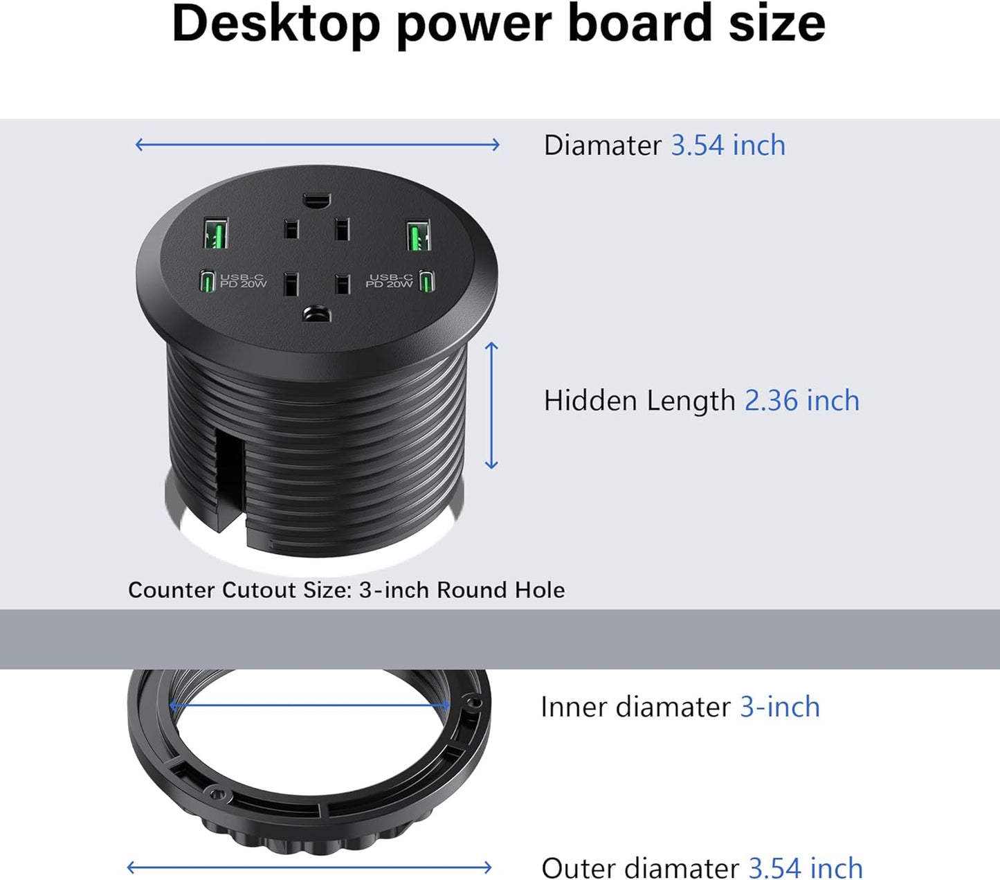 Jgstkcity Grommet 3-inch Hole,40W 2 20W 2 Outlets,4 Desk,6ft Desktop Power Total Fast Charging Station, PD USB C