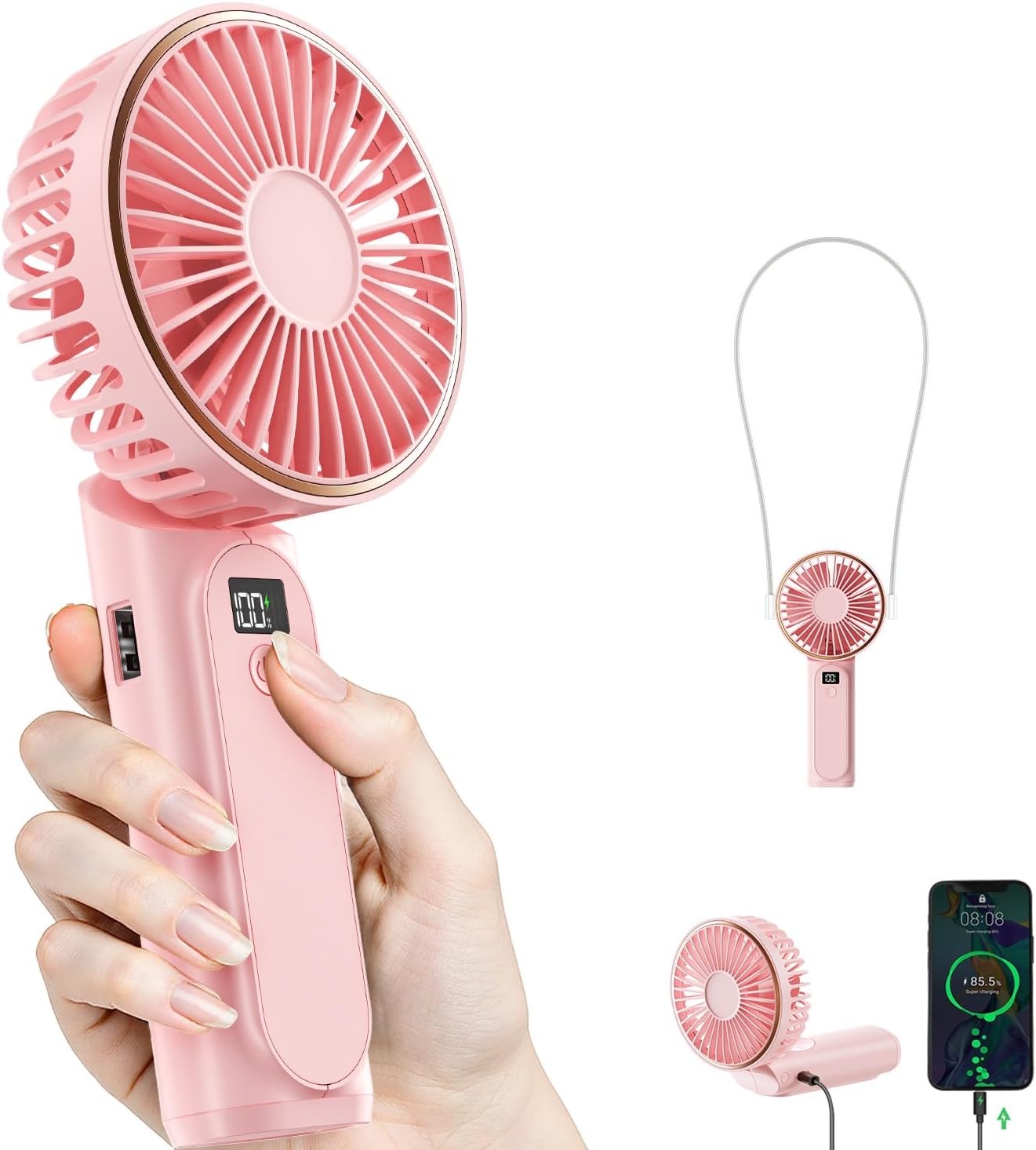 TUNISE Portable Handheld Fan - USB Rechargeable, 4000mAh Battery, 6 Speed Settings, 180° Adjustable