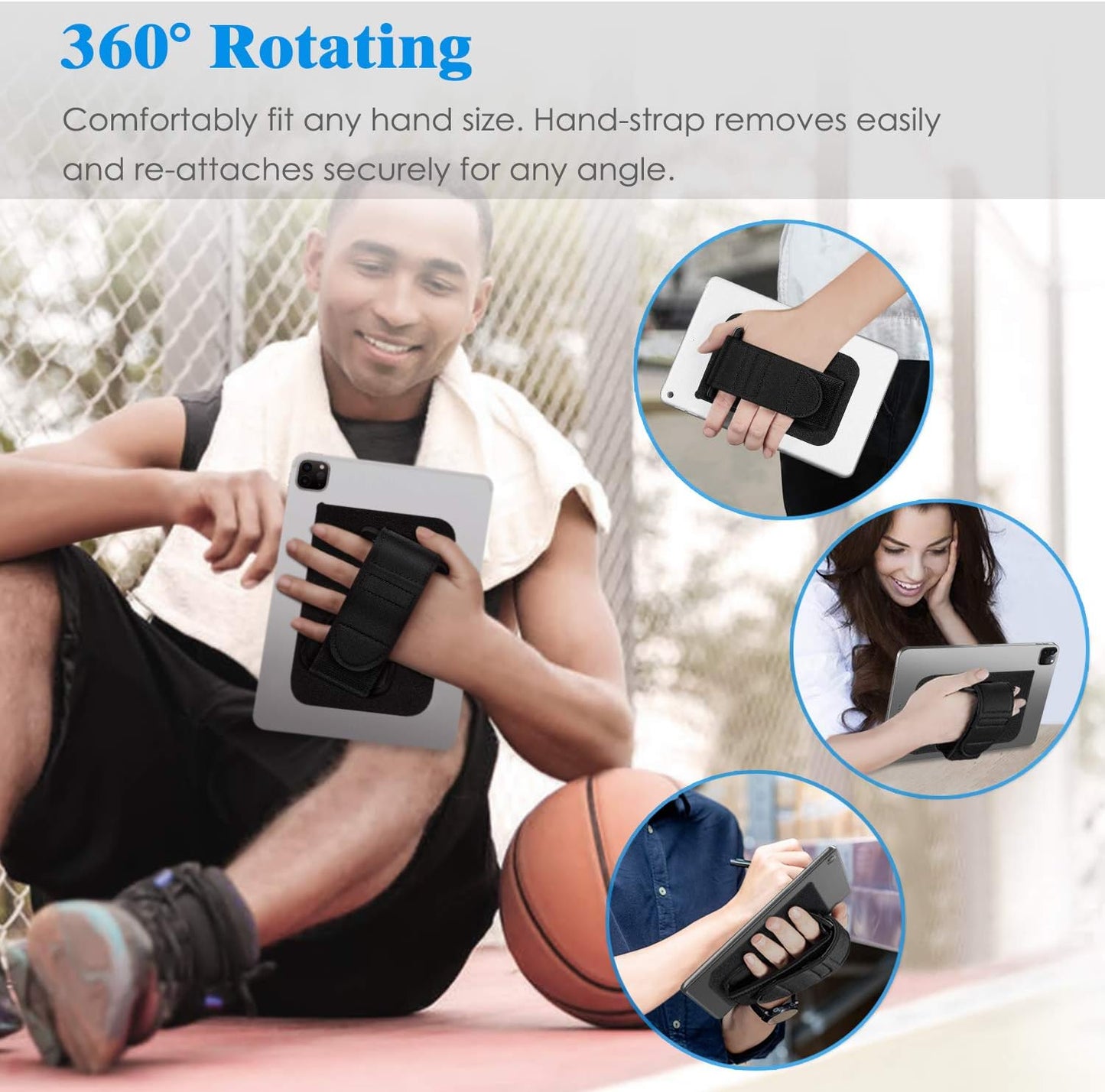 FINTIE 7-11" Universal Tablet Hand Strap Holder - [Dual Stand Supports] Detachable Padded Hook & Loop Fastening Handle