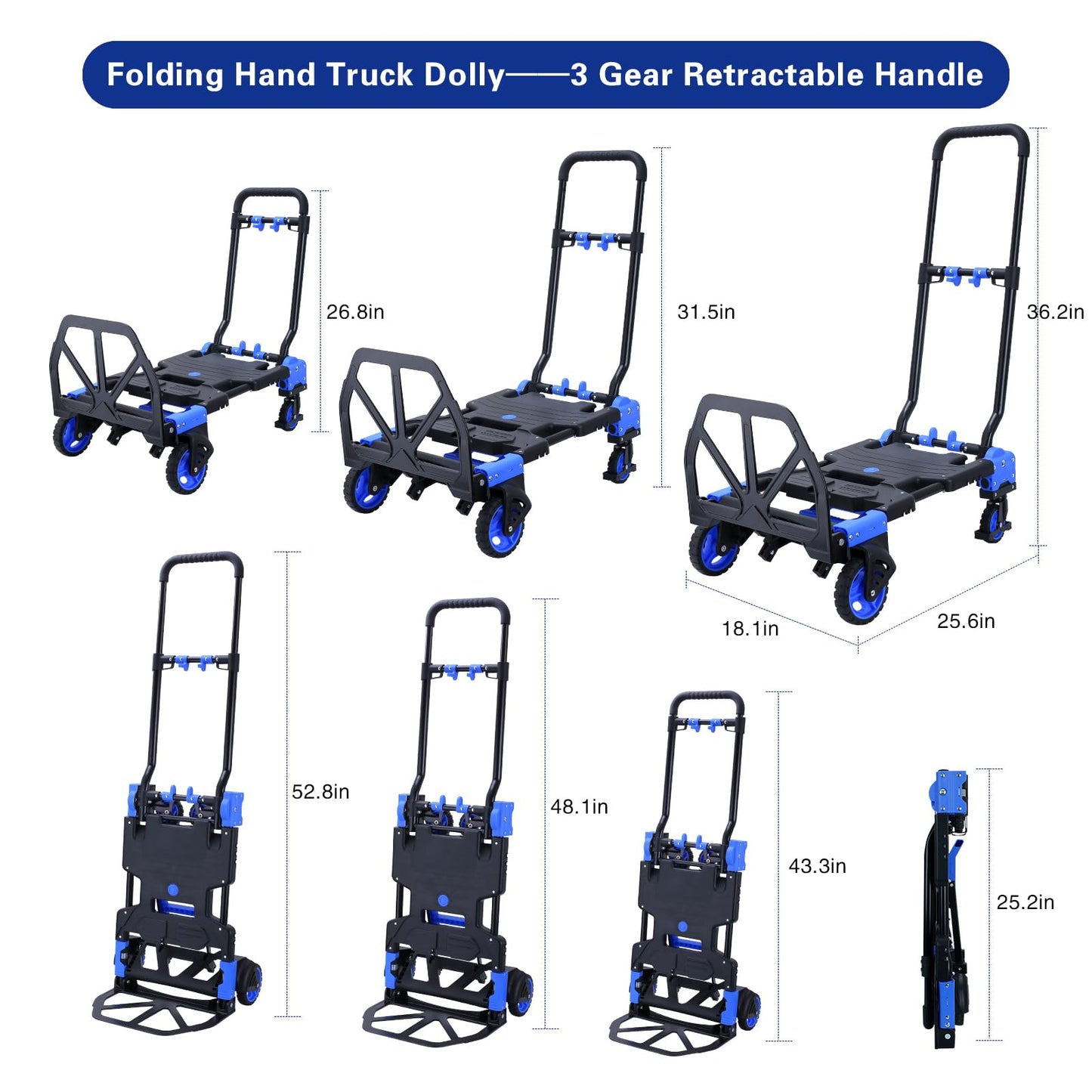 2-1 Folding Hand Truck Dolly,330LBS Capacity Dolly Cart,Foldable Dolly Hand Truck with Retractable Handle and 4 Rubber Wheels,Hand Cart Foldable for Luggage/Travel/Office/Moving