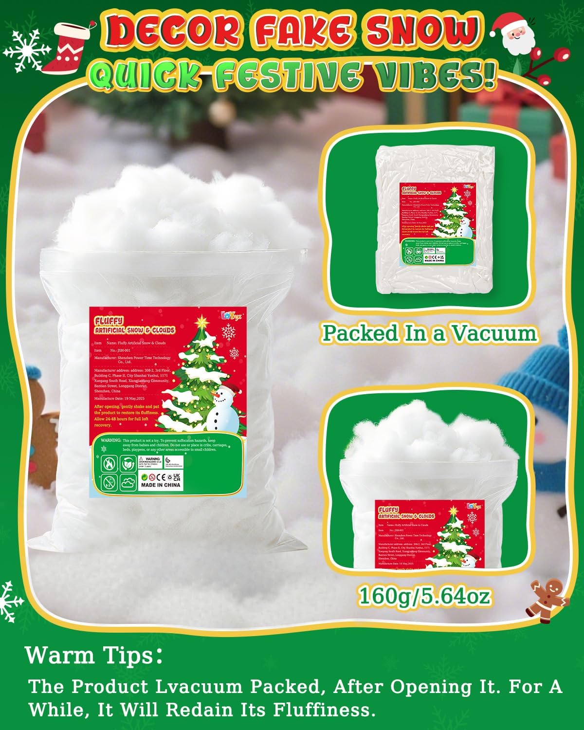 Skiennix Fluffy Fake Snow | 35.27oz Cotton Artificial Snow for Christmas Decor & Village