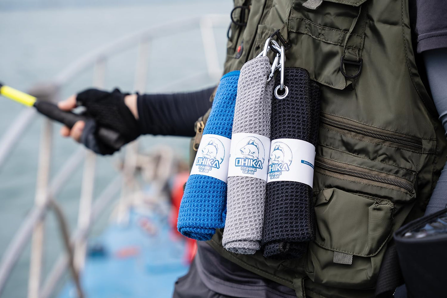 OHIKA Microfiber Fishing Towels with Clip, Waffle Pattern for Effective Cleaning of Fishing Gears or Dirty Hands, 16” x 16”, Camping Towels, Hiking Towels, Pack of 3 (Black/Grey/Blue)