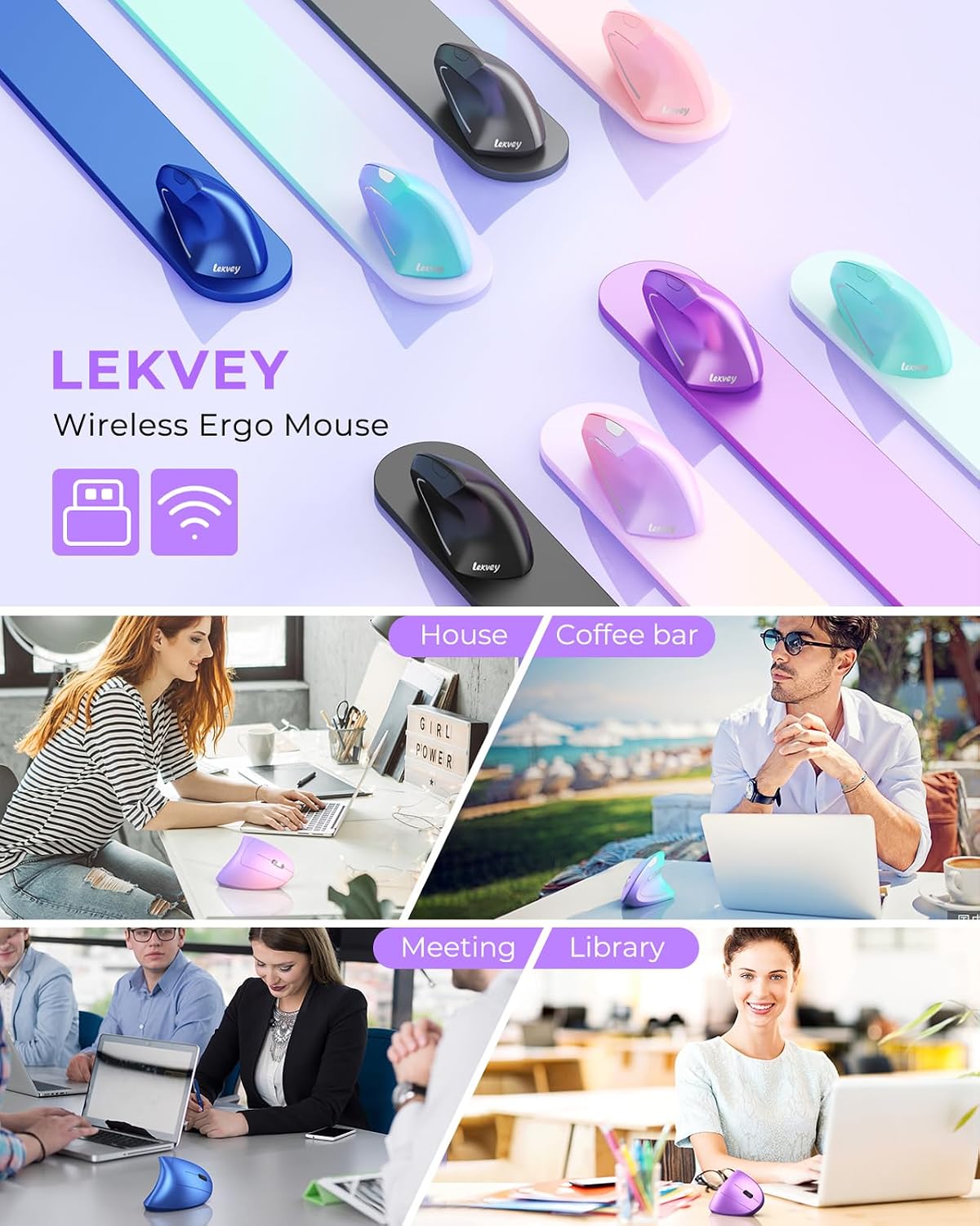 Lekvey 2.4G 1000/1200 1600 6 Ergonomic Mouse, Vertical Wireless Mouse, Rechargeable Optical Carpal Tunnel Mice with USB