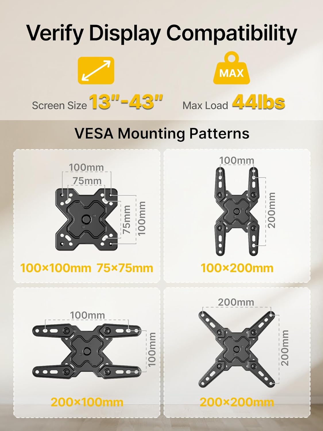 monTEK 13-43 Inch 200x200mm, 44lbs Full Motion TV Wall Mount Bracket for Most LED LCD Flat Screen TVs & Monitors