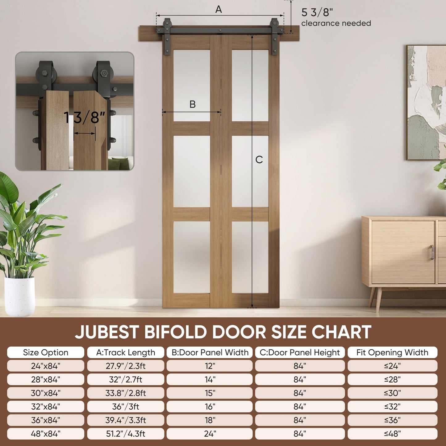 JUBEST Bifold Glass Barn Door, 30Inch Bi Fold Sliding Barn Door Kit with Hardware Include, 3-Panel Glass Barn Door Slab, Solid Wood Barn Door with MDF & Water-Proof PVC Surface, Brown