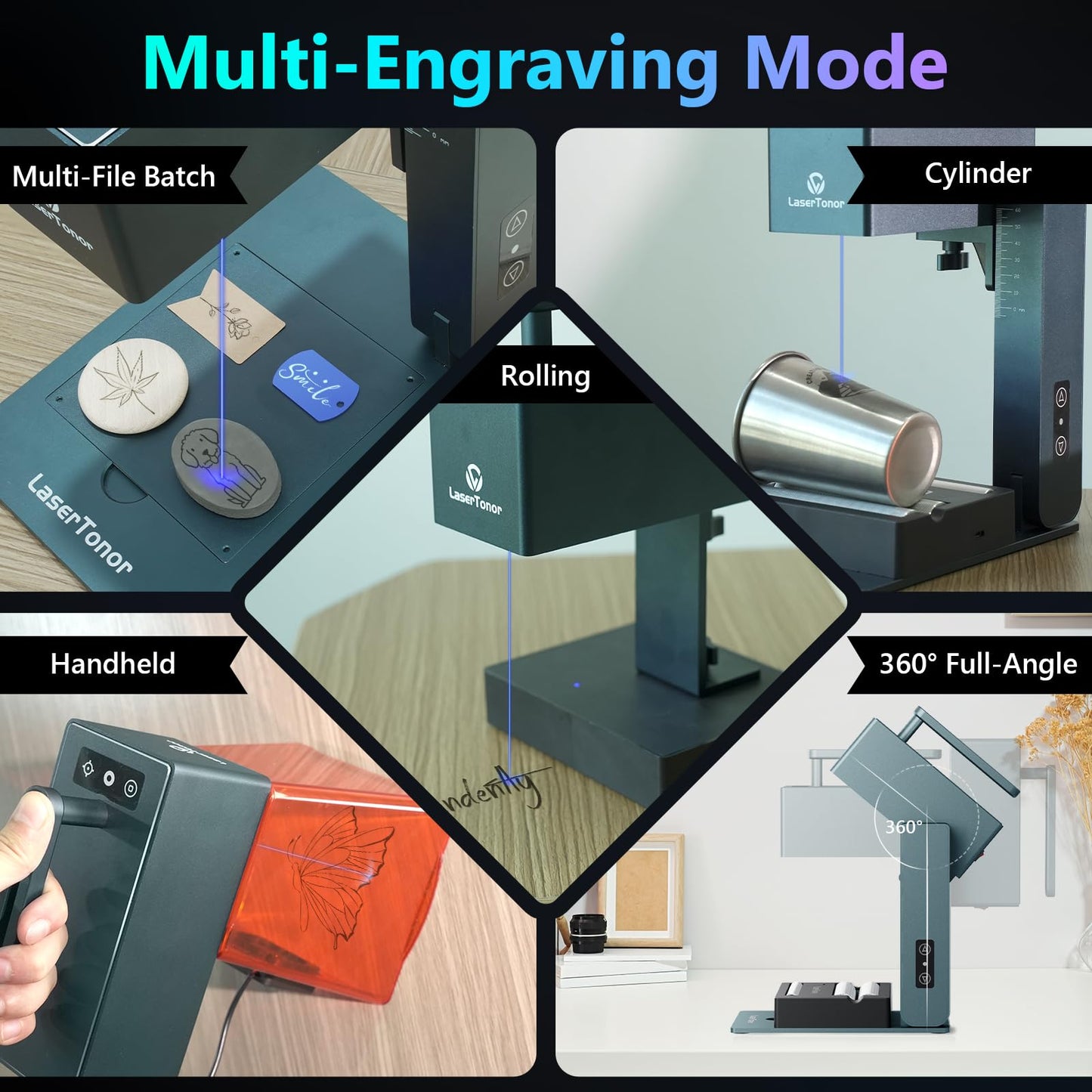 Laser Engraver with Roller, 10W Portable and Handheld Laser Engraving Machine for Wood Metal Leather Acylic 1060mm/s High Speed &360°‌‌ Full-Angle Engraving Laser Cutter, Full Set with Rotary Roller