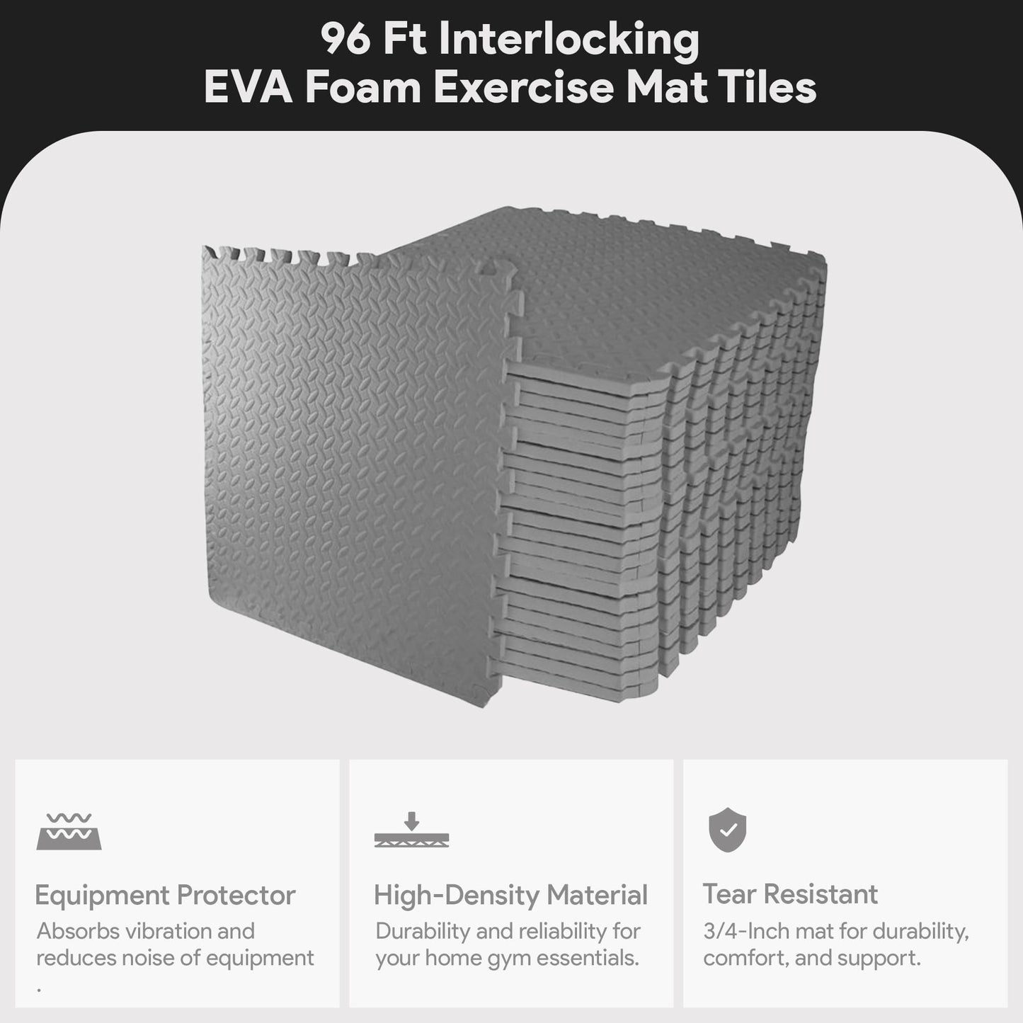 BalanceFrom Puzzle Exercise Mat 3/4" Thick, EVA Interlocking Foam Floor Tiles for Home Gym, Mat for Home Workout Equipment, Floor Padding for Kids, Gray, 24 in x 24 in x 3/4 in, 96 Sq Ft - 24 Tiles