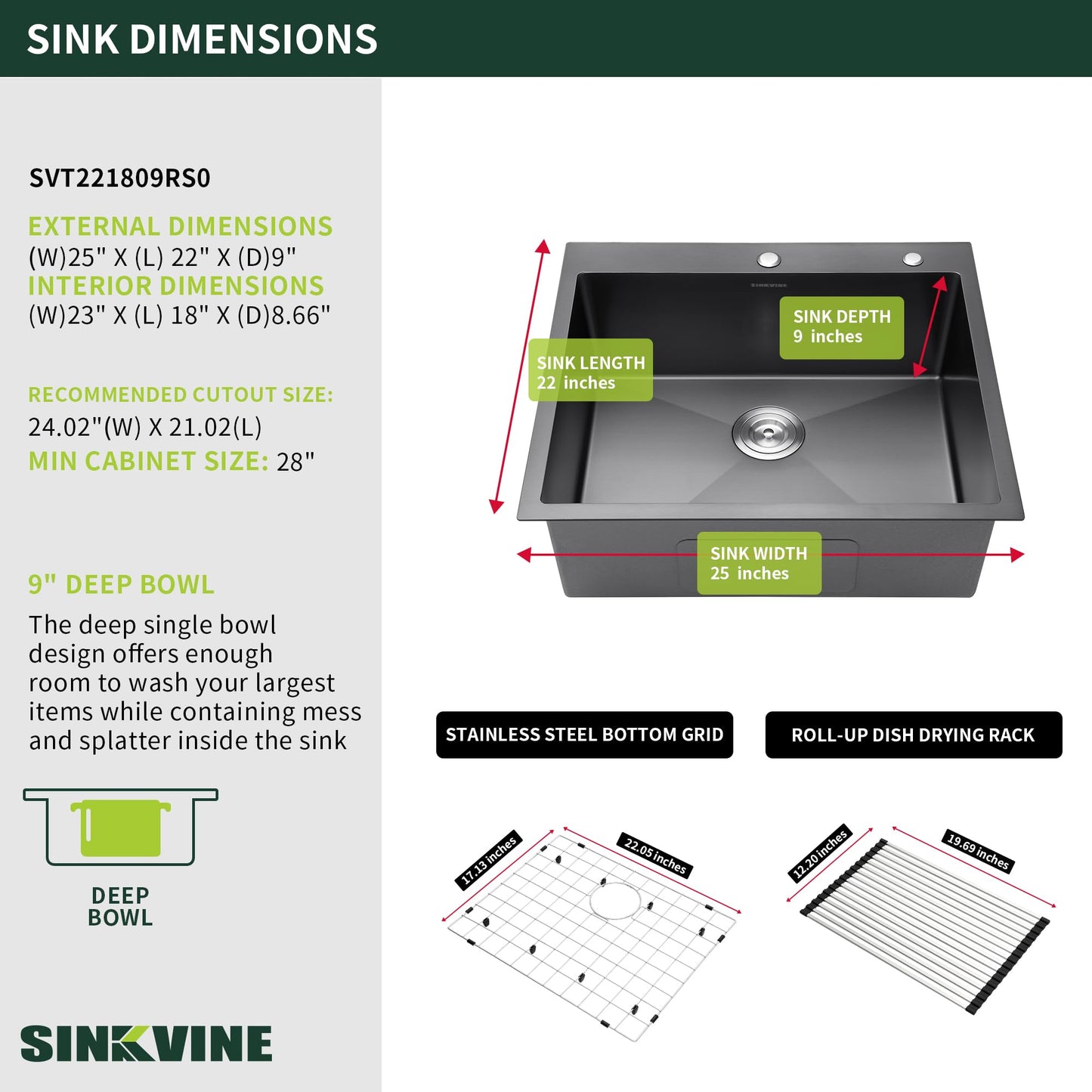 Drop-In Deep Laundry Sink 25 x 22 inch Black, SINKVINE Single Bowl Nano Stainless Steel Kitchen Sink for Outdoor and Indoor Top Mount, with Drain Strainer, Bottom Grid, Roll-up Drying Unit, Dark Gray