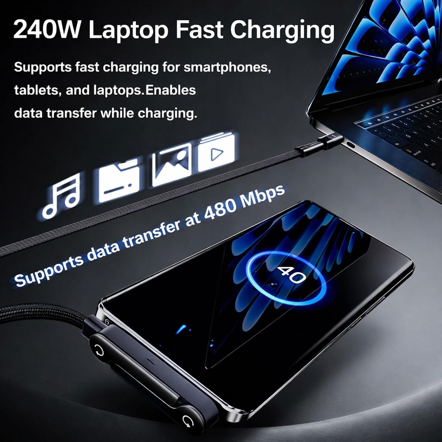 Antusckon 240w 2-in-1 Invisible Holder Charger Cable with Stand, Super Fast Charging Fast Charging Cord & Phone Stand