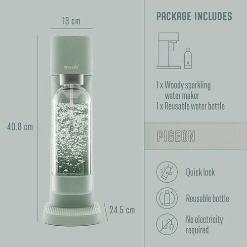 Mysoda Woody Soda Streaming Machine - Silent Carbonated Water Machine Robust Long-Lasting Aluminium Soda Maker - With 1L Water Bottle - Without CO2 Cylinder - Pigeon