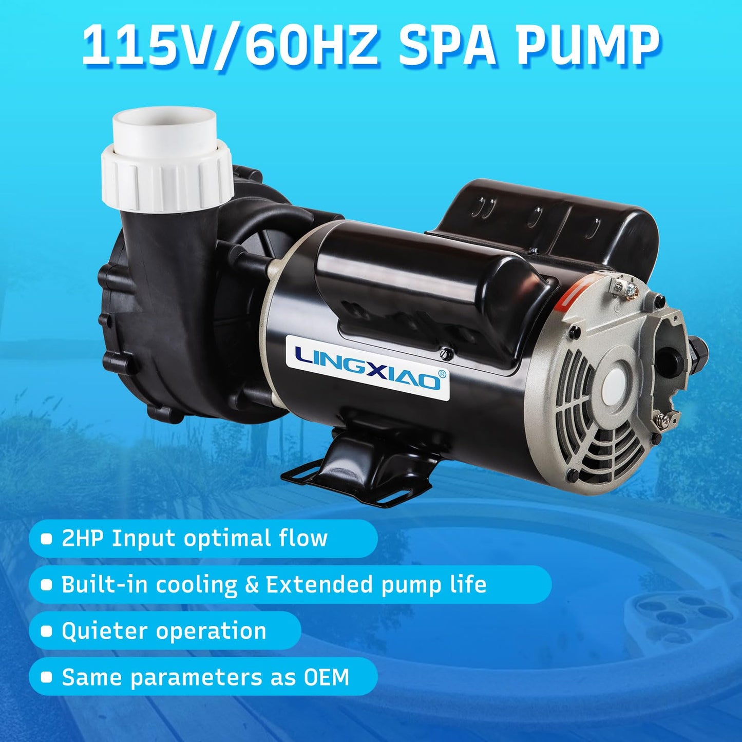 LINGXIAO SPA Pump, 2HP Hot Tub Pump - 2 Speed LX SPA Motor 115V/60HZ, 2" Port - 48 Frame (Model: 48WUA1501C-II)