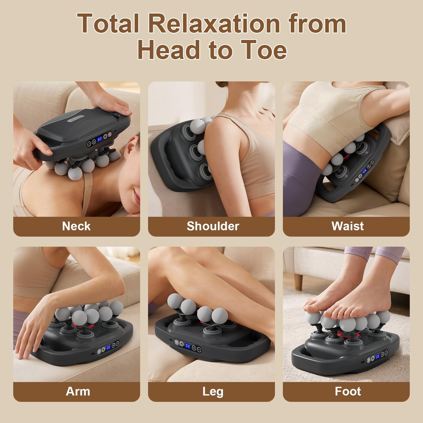 Vinid Cordless Neck and Back Massager with Heat, 12 Professional Massage Heads, 30 Adjustable Intensity Levels, 3 Massage Modes for Deep Tissue Relief, Includes Bonus 4 Heads & Shoulder Strap
