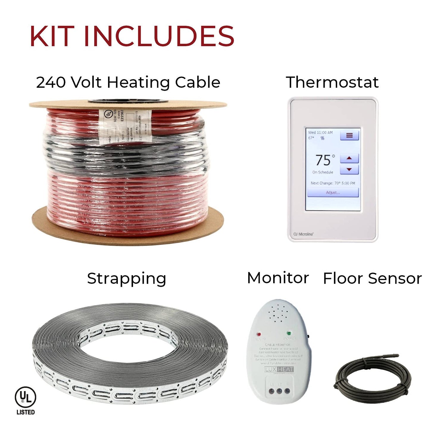 LuxHeat 200sqft Floor Heating Cable Kit - 240v Infloor Heat Kit for Tile - Heated Flooring System Includes UDG4 Programmable Thermostat w/GFCI, Heating Cable, Strapping, Floor Sensor & Alarm