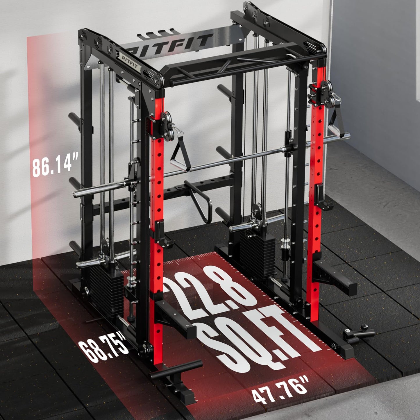 RitFit M2 Smith Machine with Cable Crossover System, 3D Functional Trainer & Power Cage, 16 Adjustment Holes, 6 Storage Pegs for Full-Body Home Gym(M2 PRO-3D Red with BP340)