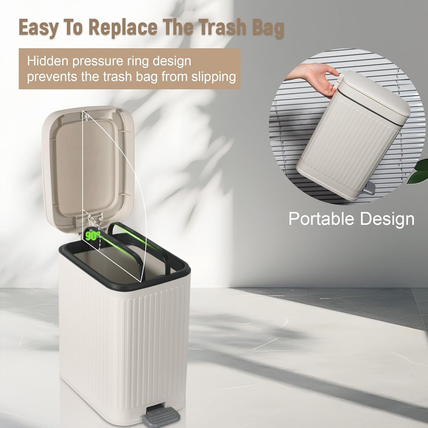 Rejomiik Small Bathroom Trash Can - Slim Soft Close Lid Wastebasket | 1.9 Gallon Cream Color