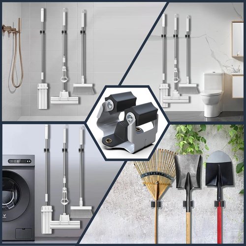 3-H Mop and Broom Holder - Heavy-Duty Wall Mount Organizer for Yard Tools | Black, 6 Pack