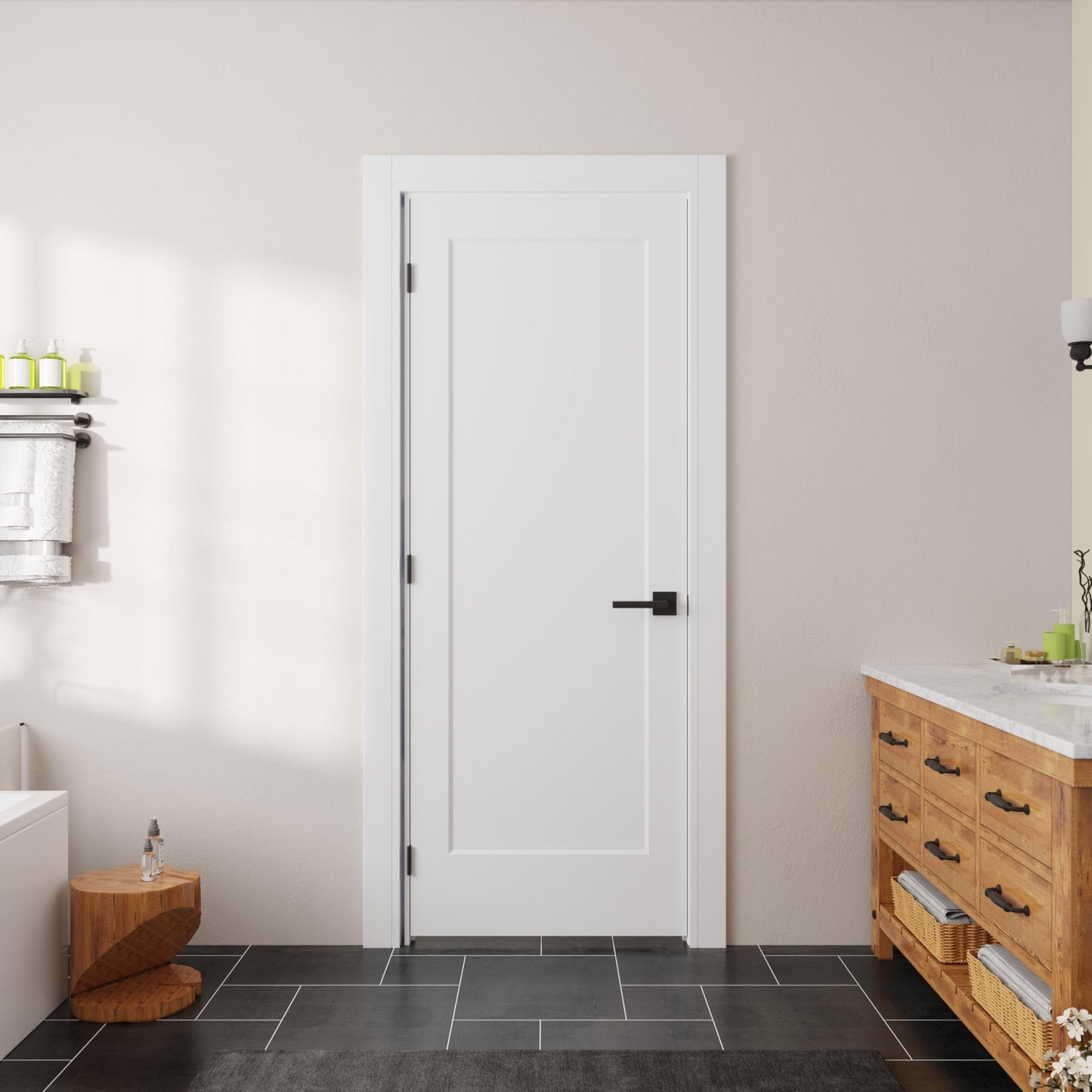 JUBEST 30"x80" Right-Hand Prehung Interior Door with Knock Down Jamb Kit & Matte Black Hinges, 1-Panel White Primed Hollow Core Molded Door Slab with Bore & Hinge Cutout, Durable & Sturdy, No Handle