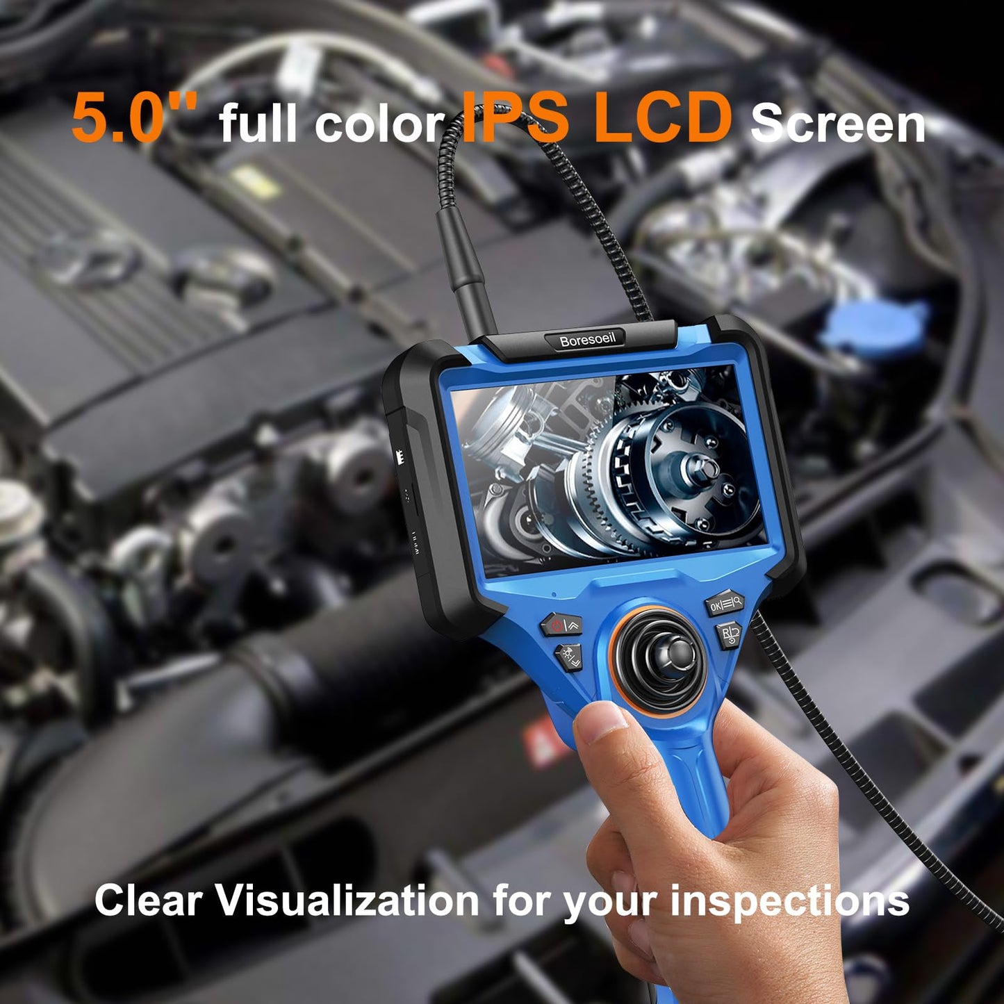 Boresoeil 360° Articulating Borescope with 0.25 in Slim Probe, 5" HD 4-Ways Industrial Endoscope Camera with Light, Articulated Flexible Snake Camera for Plumbing & Machinery Inspection