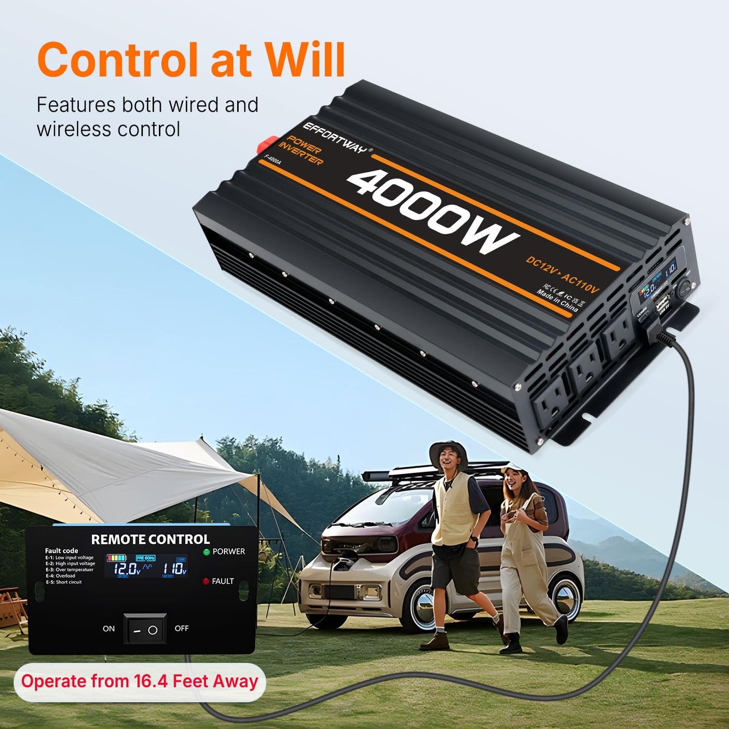 EFFORTWAY 4000W Power Inverter, 12V DC to 110V/120V Modified Sine Wave Inverter with 3 AC Outlets, USB Port, Wired Remote Controller, Car Power Inverter for RV, Truck, Boat, Camping, Off-Grid