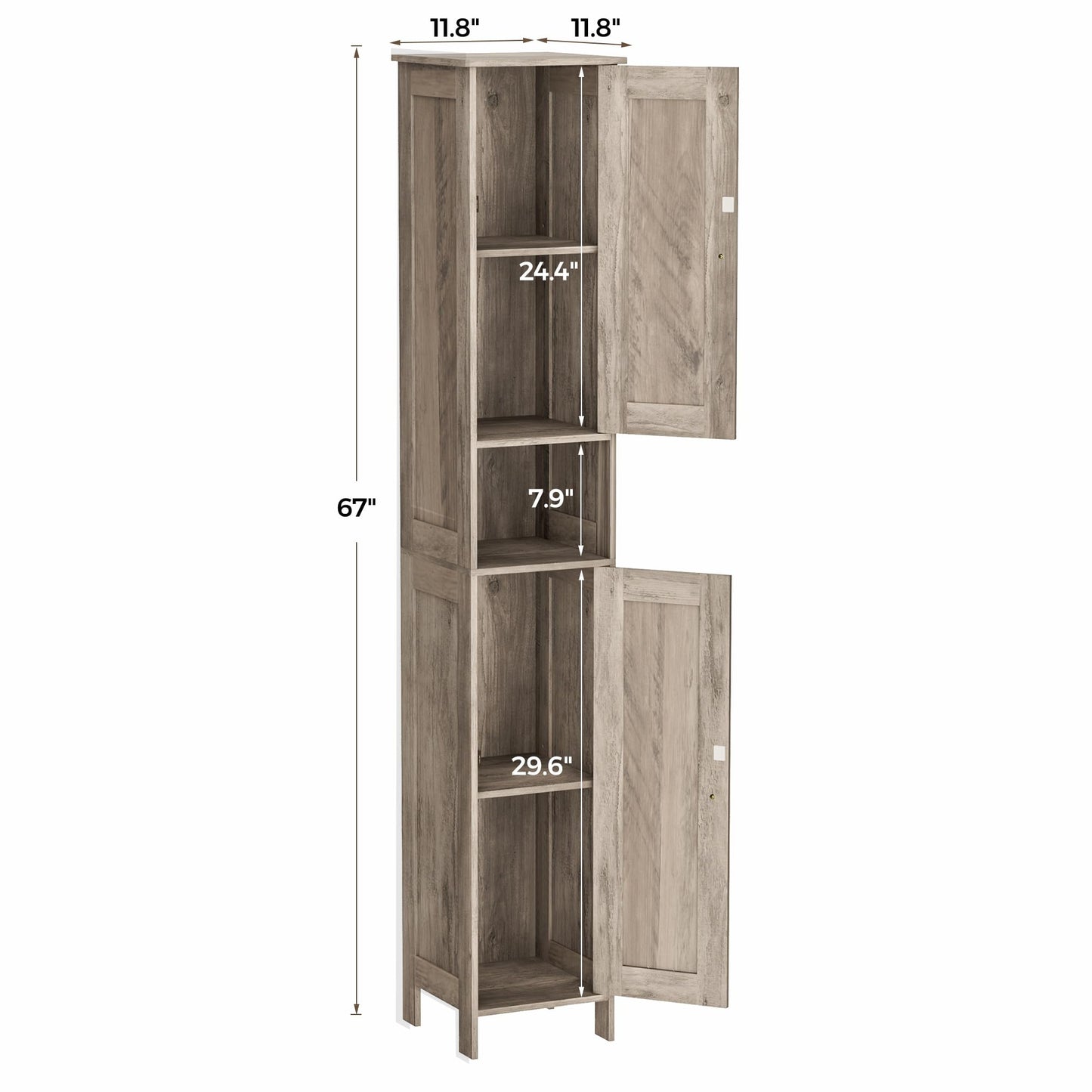 Homleke Tall Bathroom Storage Cabinet with 2 Doors, 67"H Narrow Storage Cabinet with Adjustable Shelves& Anti-Tip Design, Reversible Door Installation, Easy Assembly, 11.8 x 11.8 x 66.9 Inches, Greige