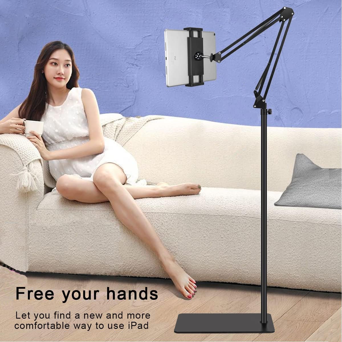 SAMHOUSING 6LB Tablet Floor Stand with Weight, Overhead Bed phone Stand Angle Height Adjustable Arm Stretchable Stand