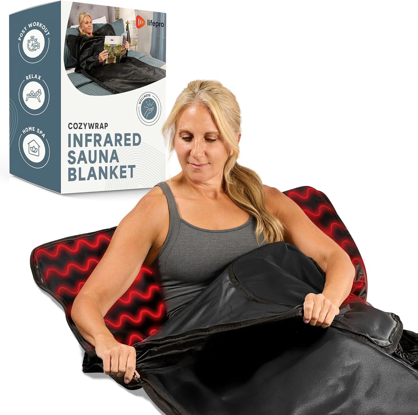 LifePro CozyWrap Sauna Blanket with Dual-Zone Heat— Infrared Sauna Wrap for Deep Sweating & Relaxation — Portable Infrared Blanket 90–180°F Temp Control & 5 Thermal Wraps Included