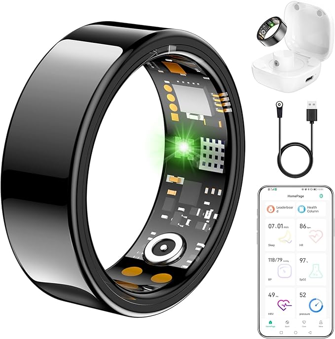 Ring Health Tracker for Women Men, Fit Ring with Heart Rate, Blood Oxygen, Sleep Monitor, Calories, Step Counter, IP68 Waterproof Smart Ring for iPhone & Android, No Subscription Fee (Black, 10#)
