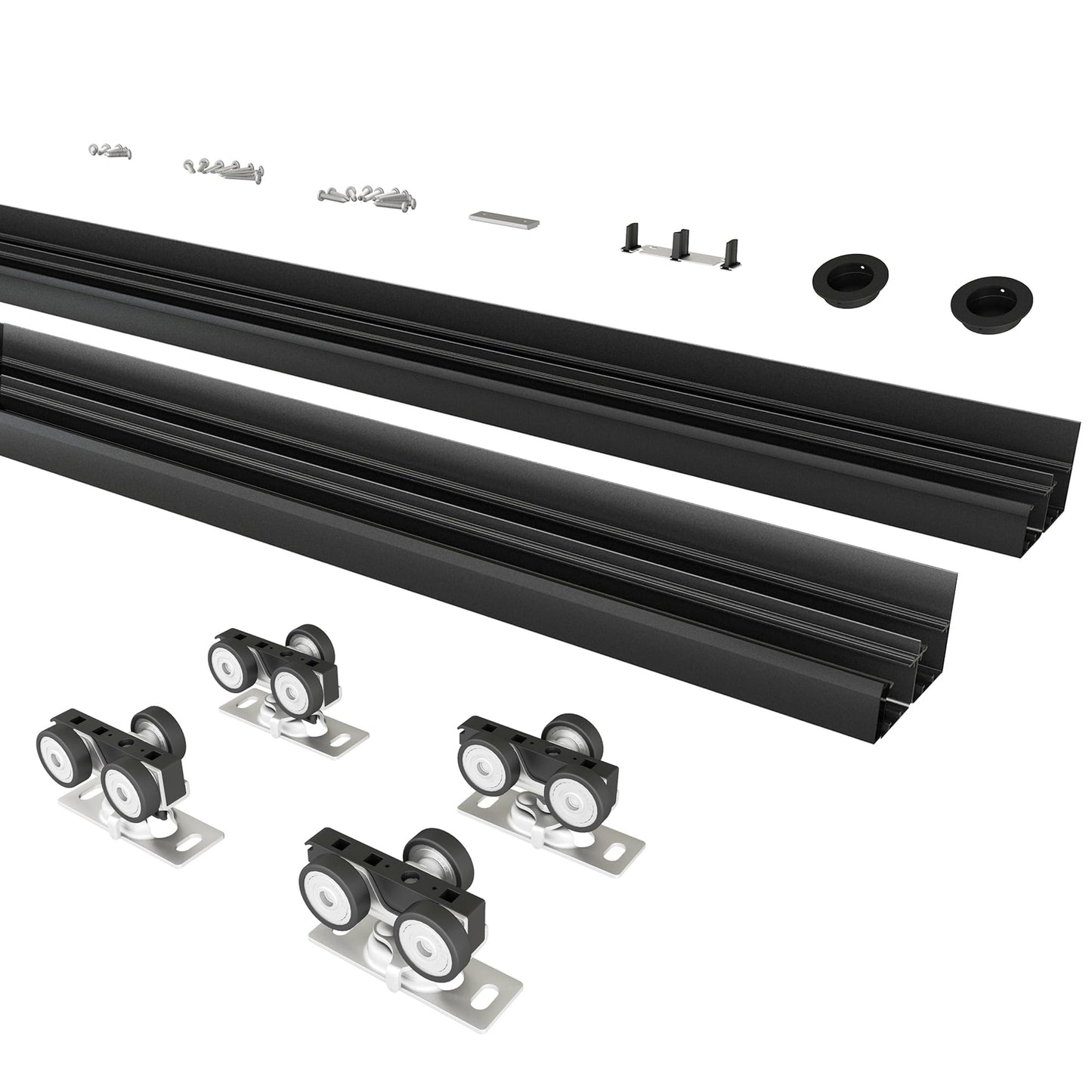 BarnBase 8FT/96(Double 4FT) Bypass Door Hardware, Aluminum Double-Closing Sliding Closet Door Hardware with Finger Pull Included, Smoothly and Quietly, Fit Door Thickness 1 3/8" or 1 3/4", Black