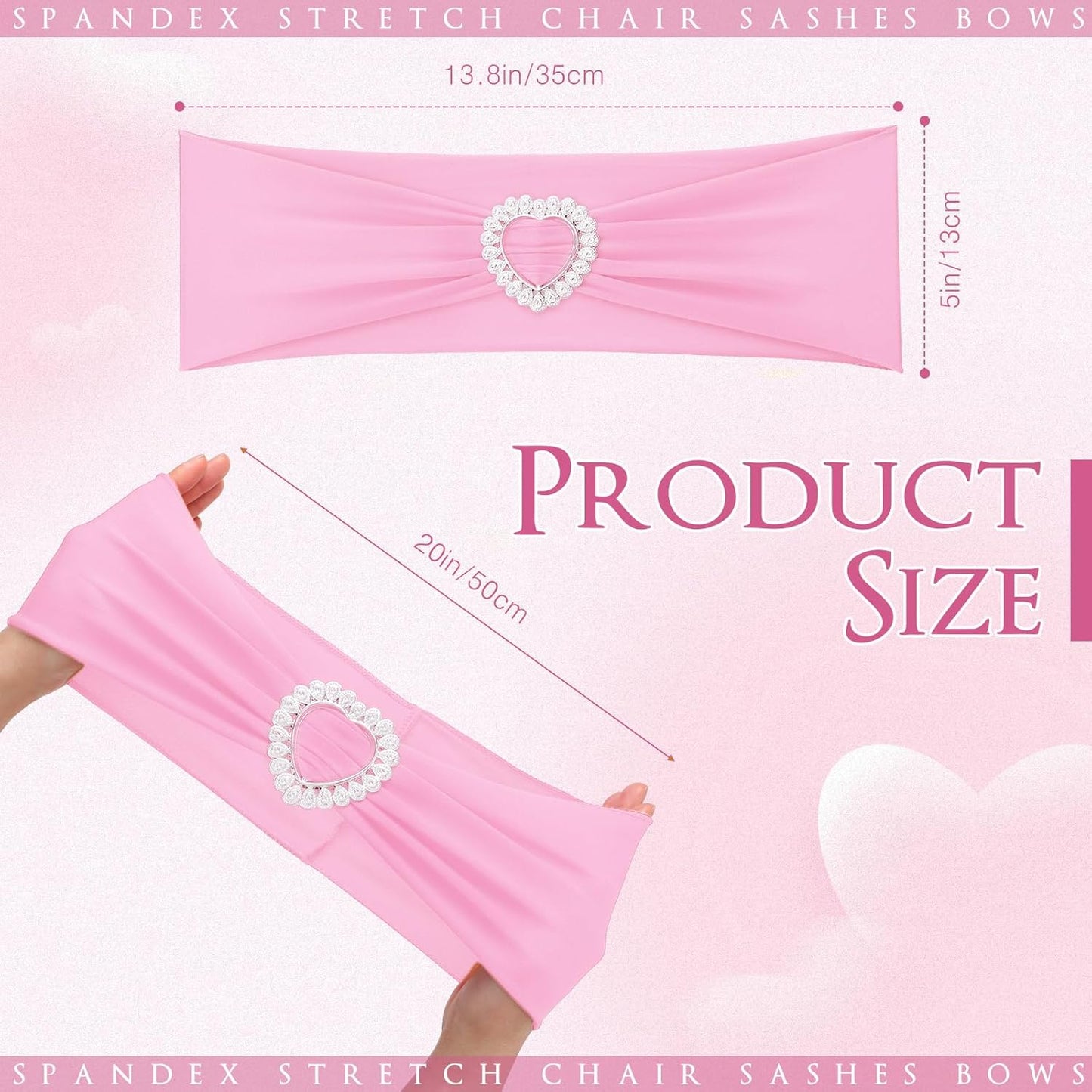 VitalCozy Spandex Chair Sashes - 50 Pcs with Heart-Shaped Buckle Slider | Universal Elastic Ties for Weddings & Events (Pink)
