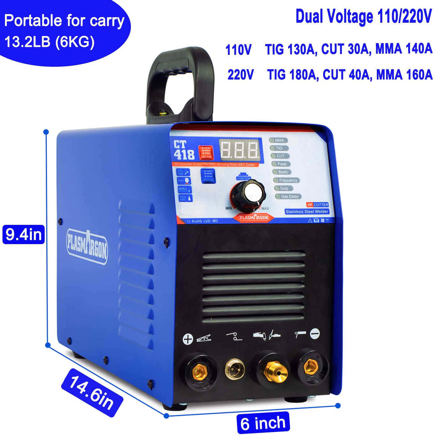 PLASMARGON CT418 3-IN-1 110V/220V Multifunctional Plasma Cutter Welder Combo Machine,40A Plasma Cutter/180A Lift TIG/180A Stick Welder,2/5" Clean Cut Digital Display IGBT Plasma Cutting Equipment