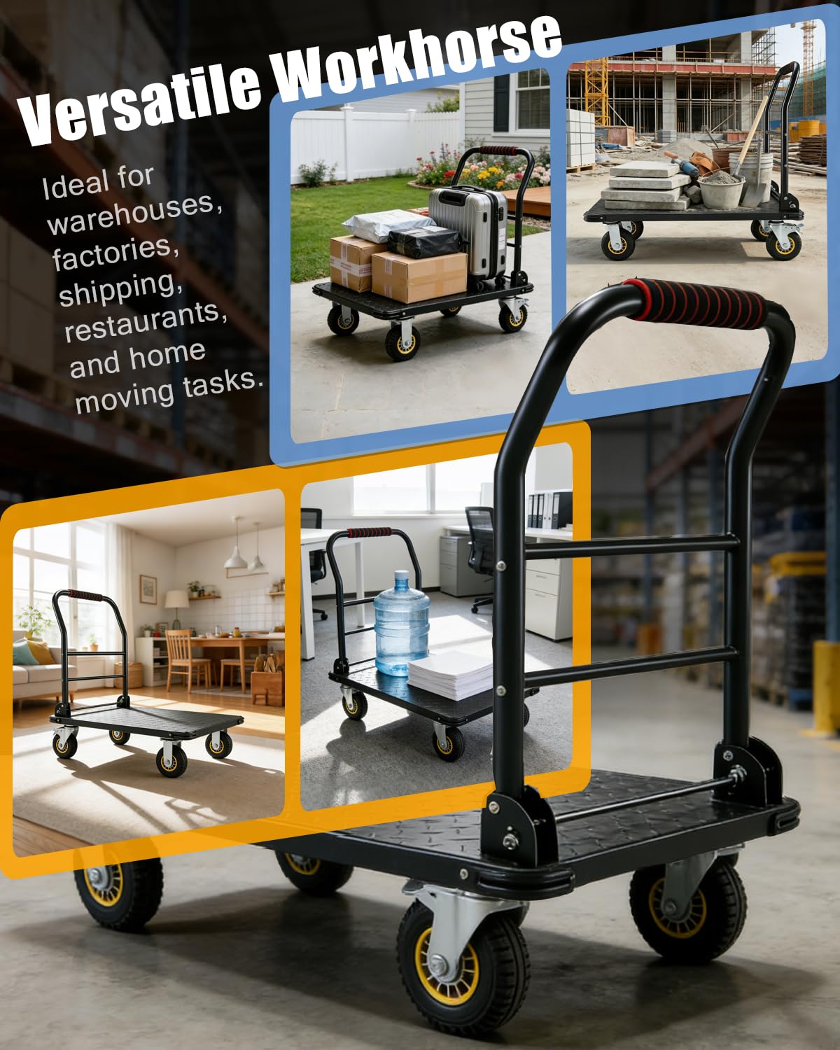 1800LBS Platform Truck Cart 36"x24" Large Utility Cart with 6" Swivel Wheels with Brakes, Foldable Hand Truck for Warehouse, Garage, Shipping & Moving