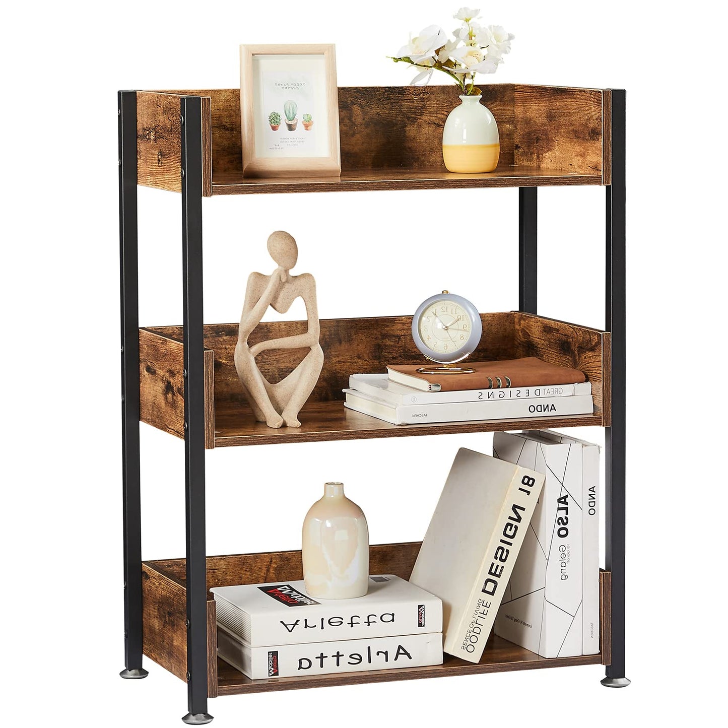 VECELO Bookshelf,Small Bookcase,3-Tier Storage Organizer,Industrial Shelving Unit for Home Office,Living Room,Dormitory,30" H,Retro Brown