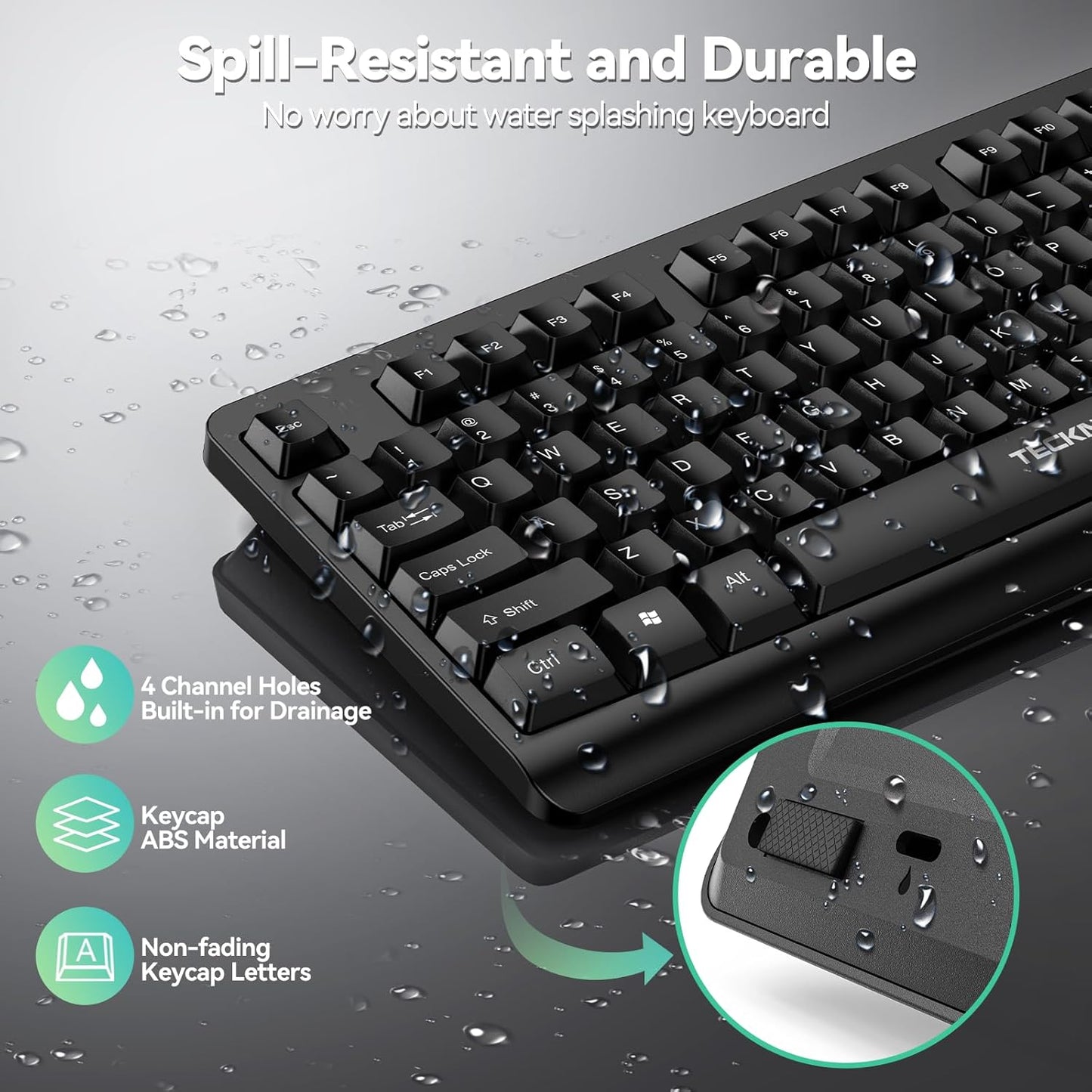 TECKNET Life,Spill-Resistant,2.4G Wireless Keyboard and Mouse Combo, Full-Size Ergonomic Keyboard & Optical Mouse