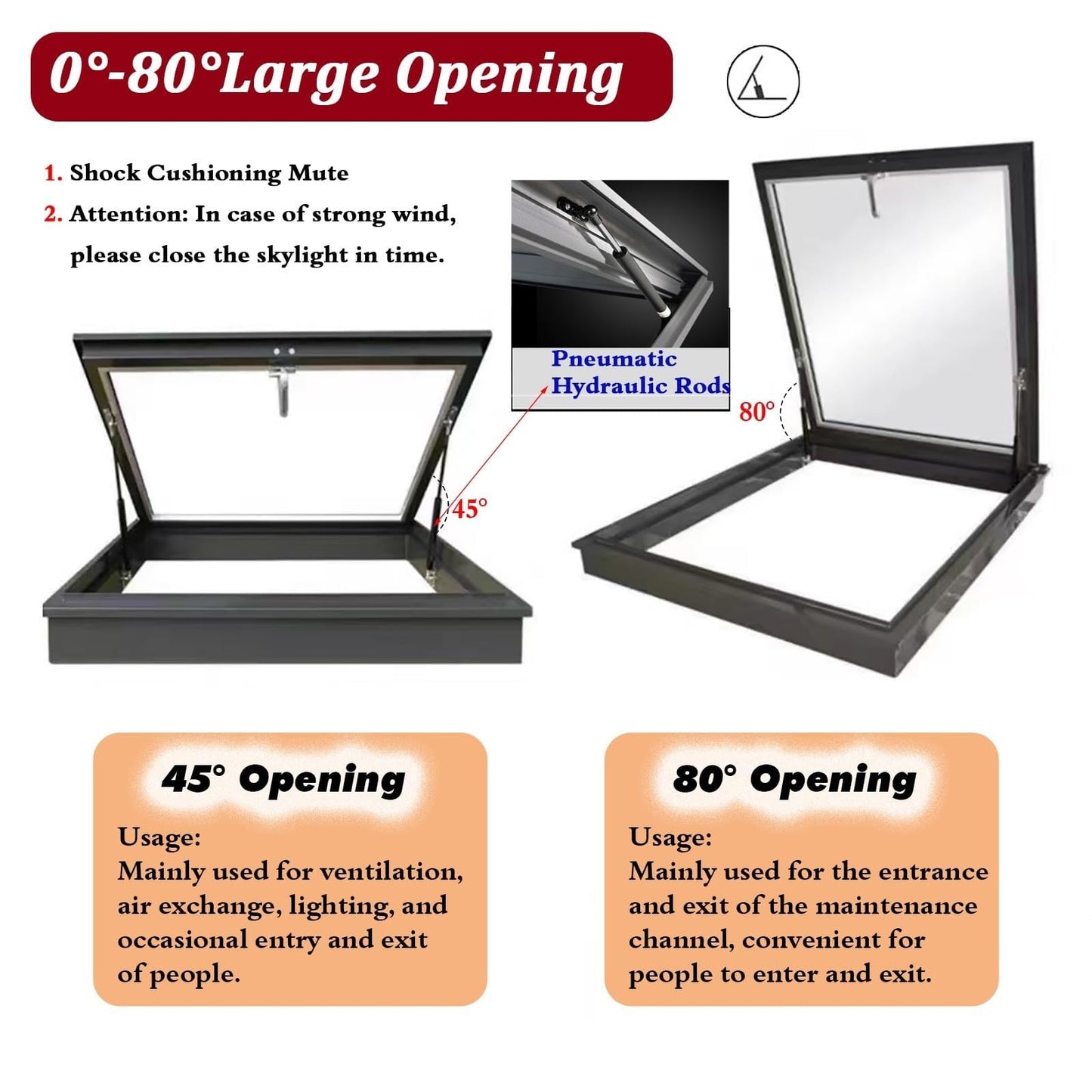 Outdoor Skylight Roof Hatch with Gas Shock Strut, Horizontal Viewing Window for Commercial and Industrial Buildings | Rotation Lock Security Feature