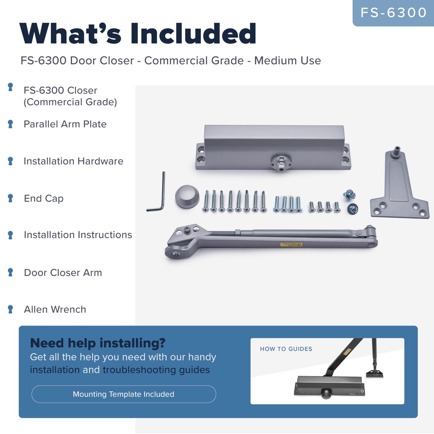 Commercial Door Closer Heavy Duty - Automatic Door Closer for Commercial Use - Grade 1 Auto Hydraulic Spring Hinge - FS-6300 UL & ADA ANSI A156.4 Grade 1 Door Closers Closure Soft Closing Arm